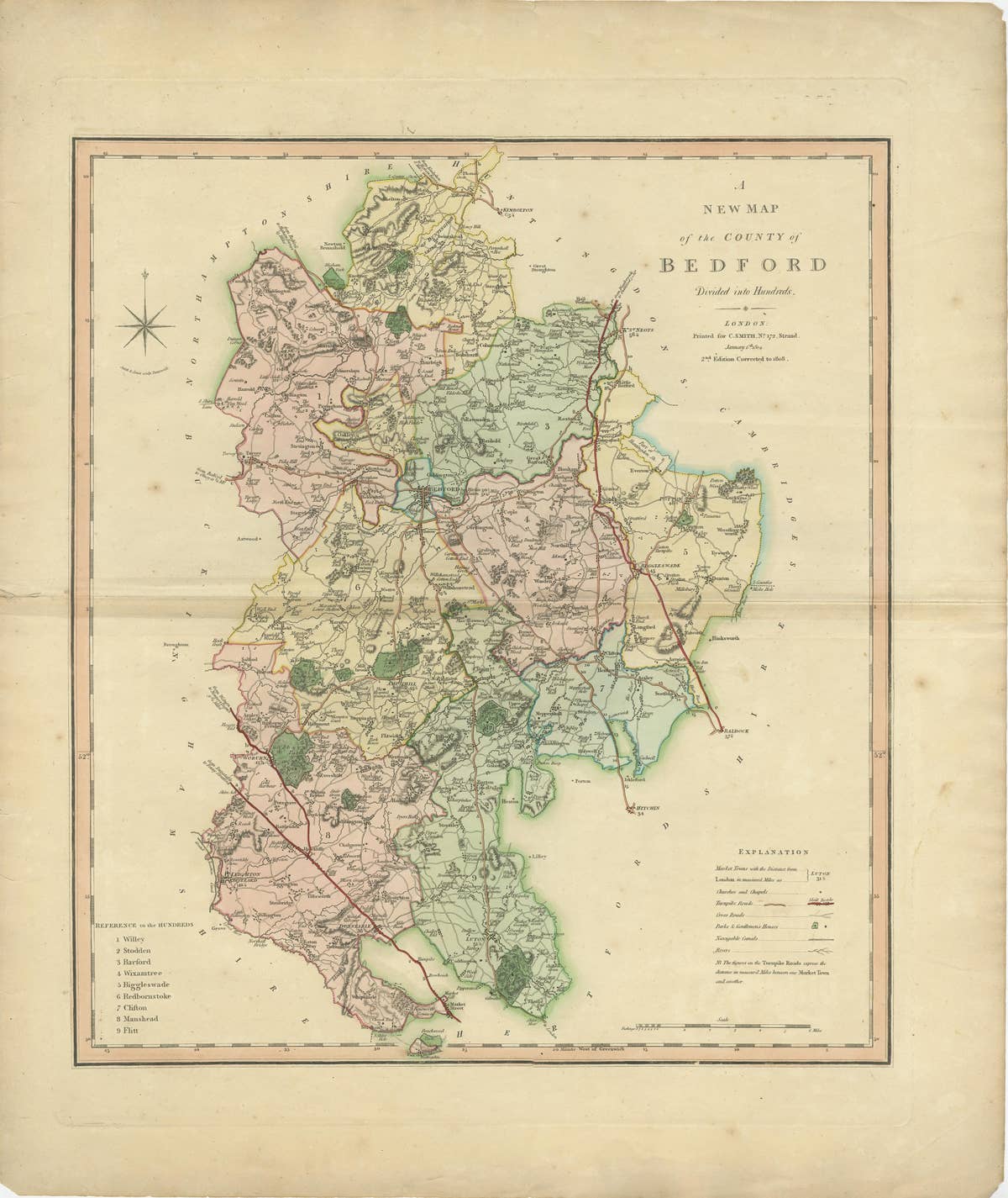 Antique Colourful and Decorative County Map of Bedfordshire, England, 1804