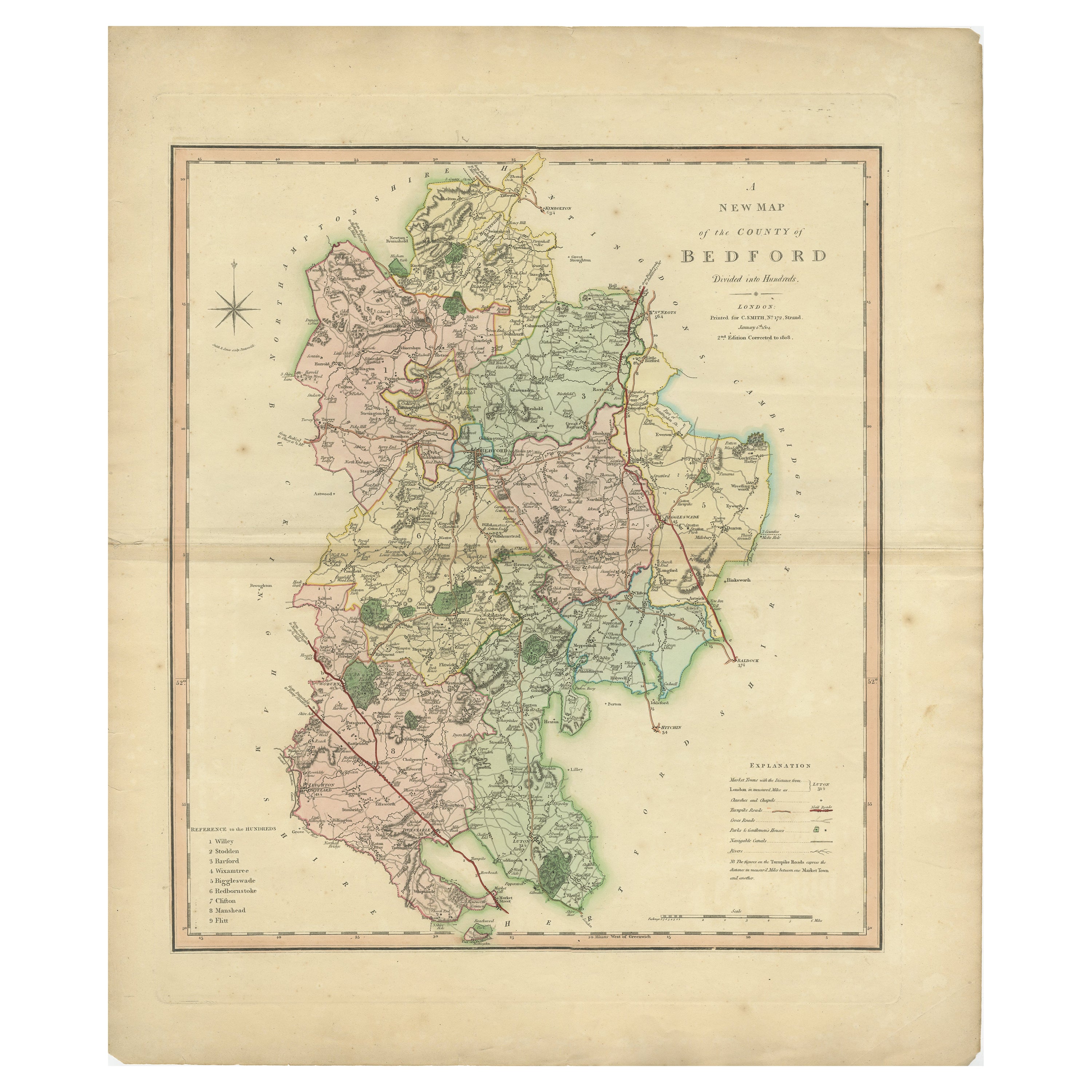 Antica mappa colorata e decorativa della contea di Bedfordshire, Inghilterra, 1804