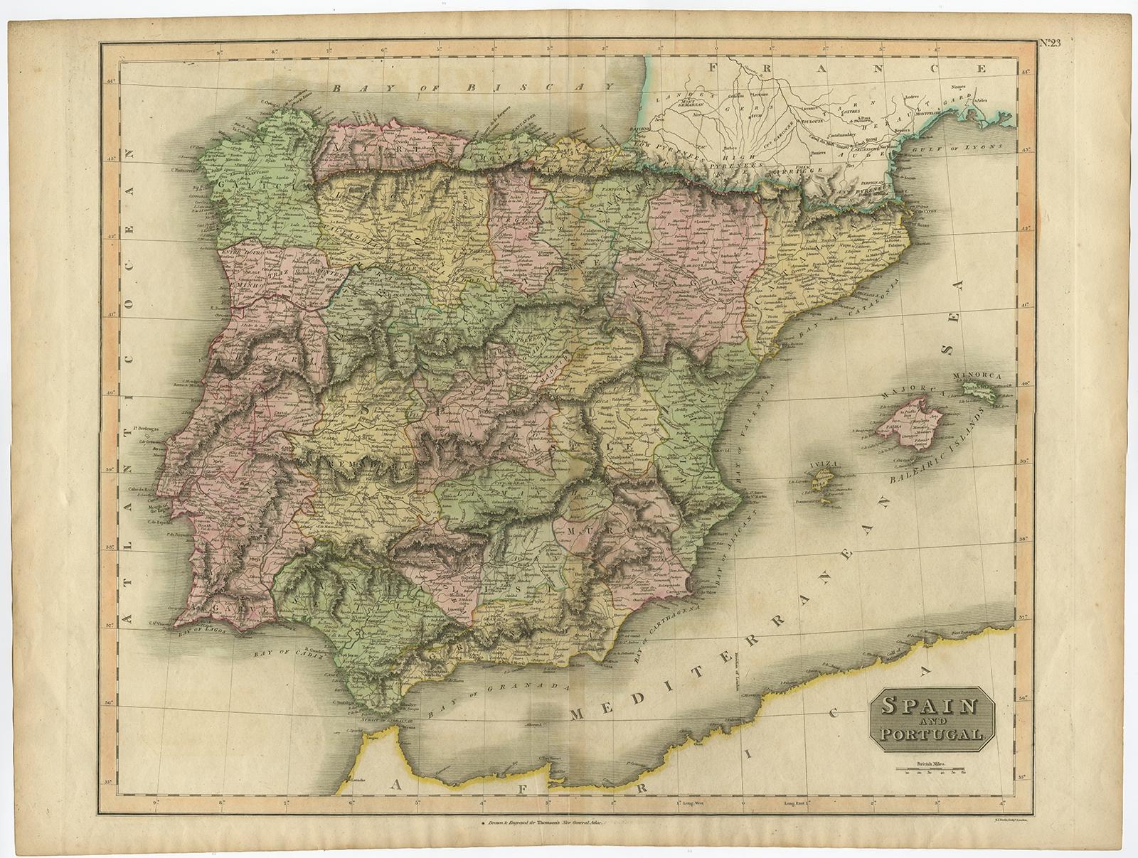 Antique map of Spain and Portugal. Thomson's map includes both countries in full, with Spain being divided into its various semi-autonomous provinces. The Balearic Island of Minorca, Majorca, and Ibiza are prominent in the left hand quadrants of the