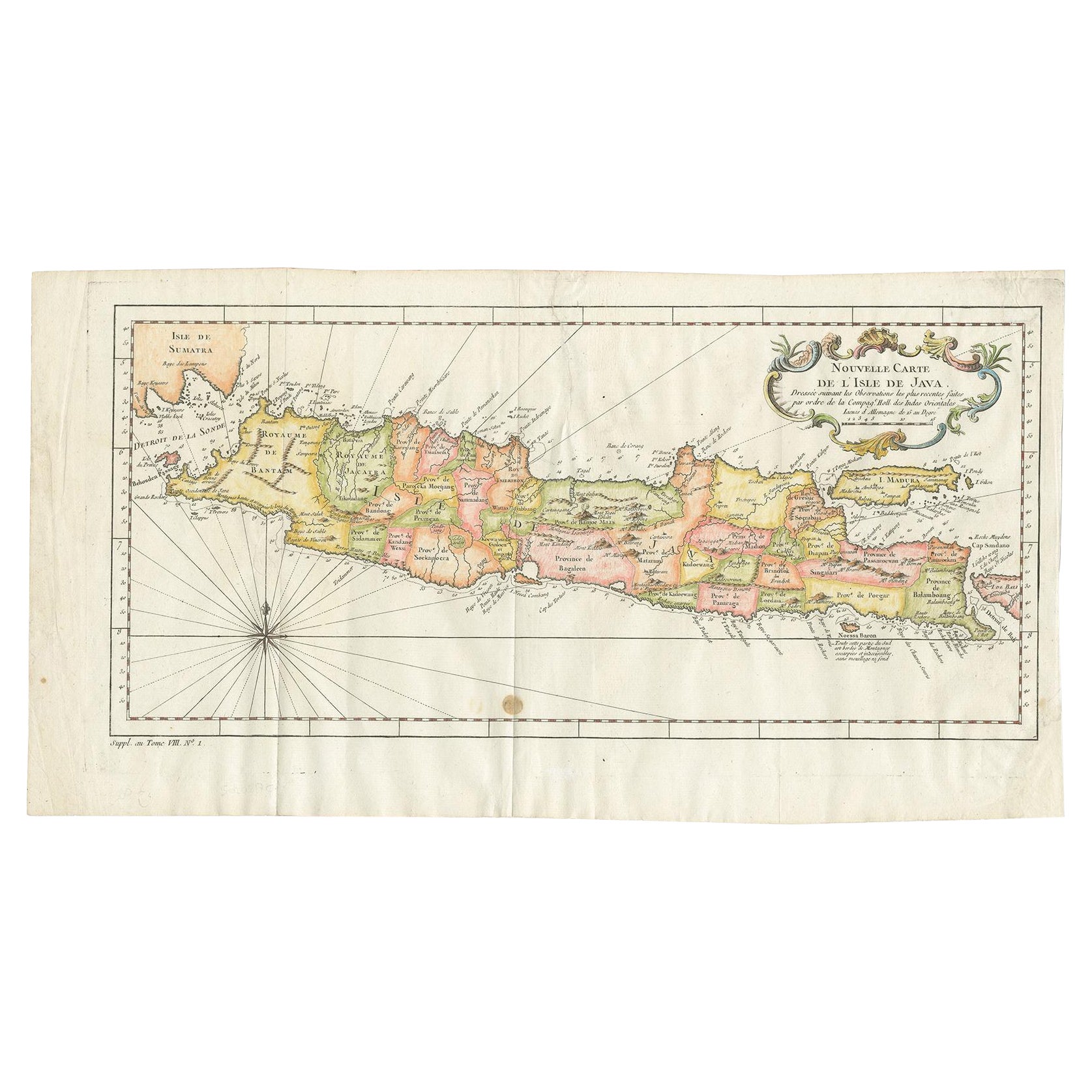 Antica mappa colorata dell'isola di Giava e Madura, Indonesia, 1760 ca.