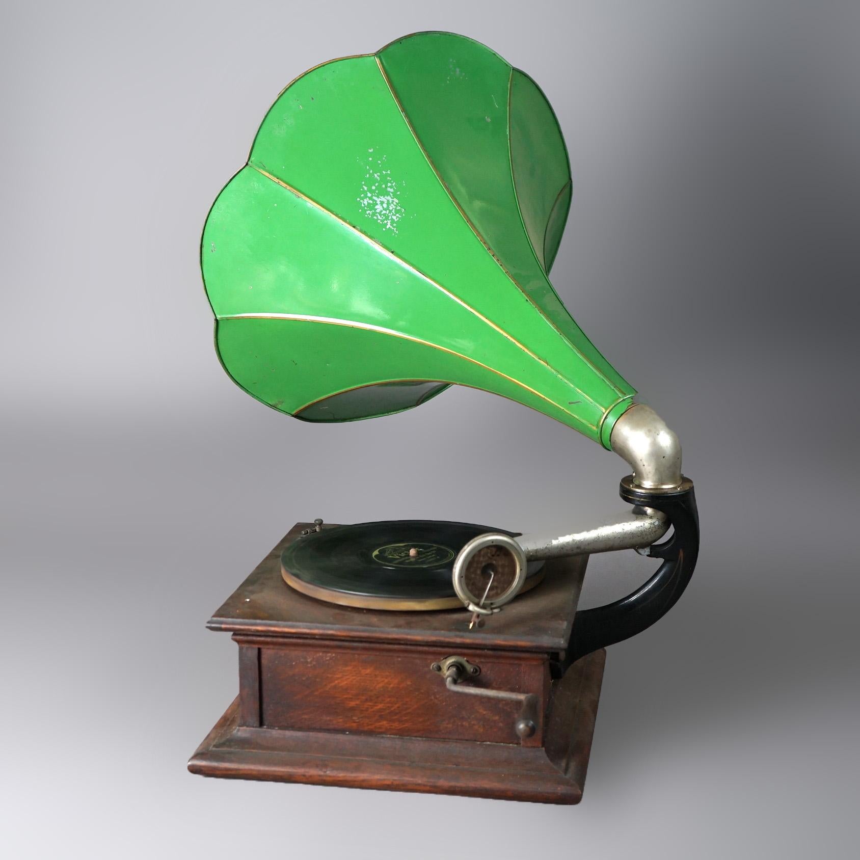 20th Century Antique Columbia Graphophone Victor Victrola Disc with Green Painted Horn C1910