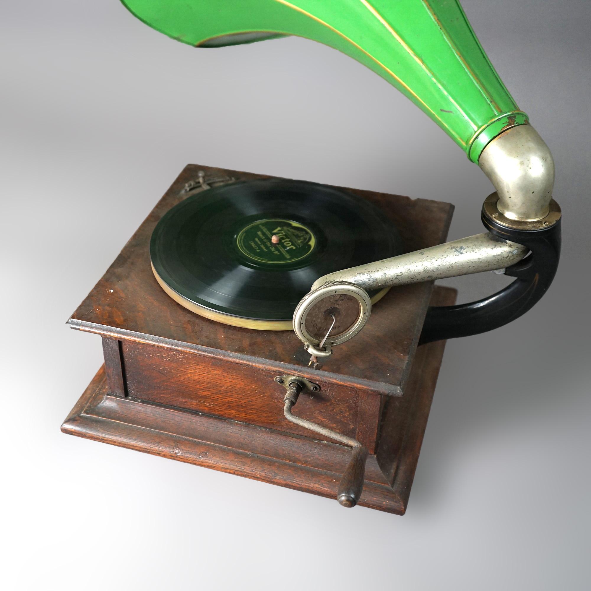 Metal Antique Columbia Graphophone Victor Victrola Disc with Green Painted Horn C1910