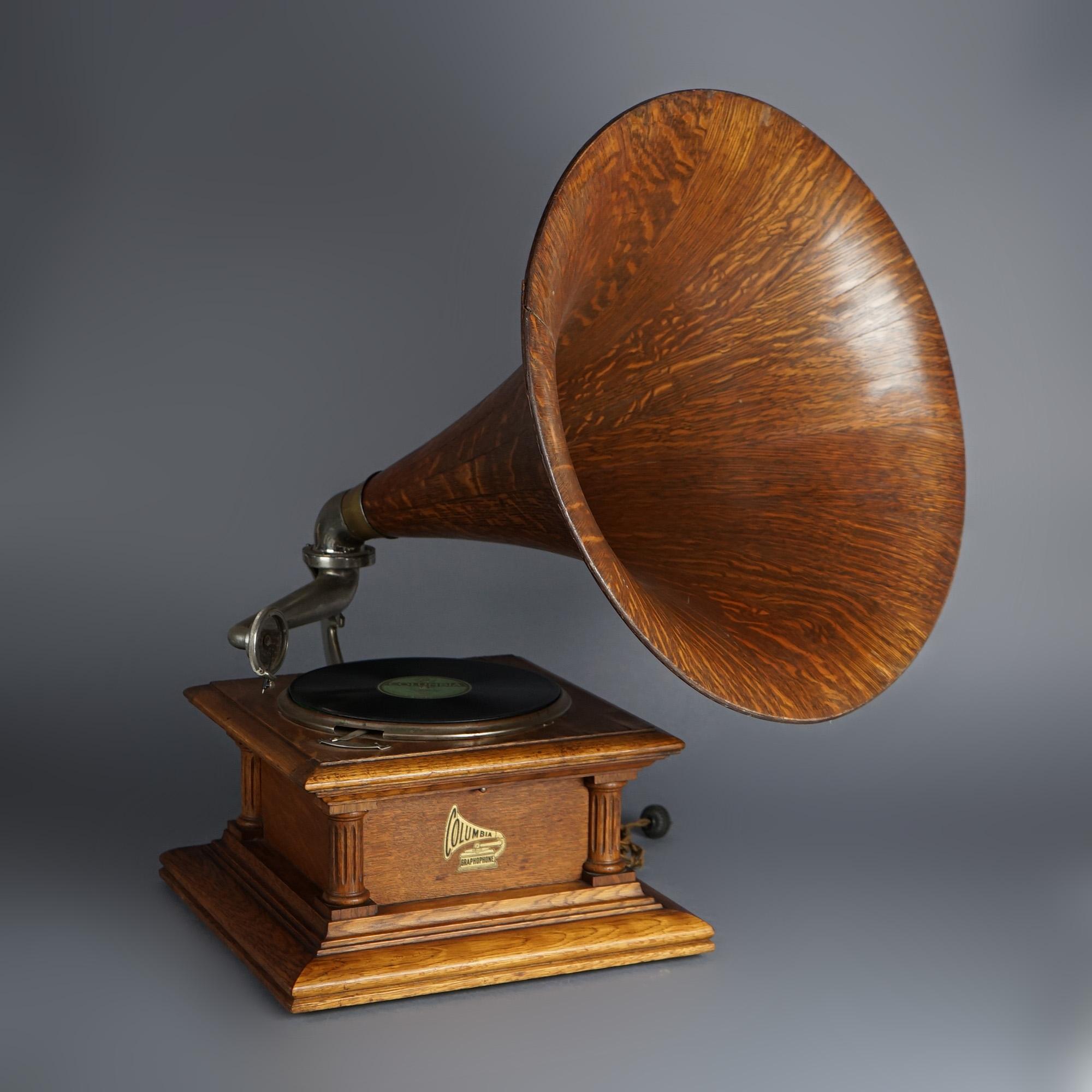 ***Ask About Reduced In-House Shipping Rates - Reliable Service & Fully Insured***
Antique Columbia Graphophone Oak Table Top Victrola with Grecian Doric Column Corners and Tiger Stripe Oak Horn; Record is: Columbia. Val Halsad Skona Morounstud;