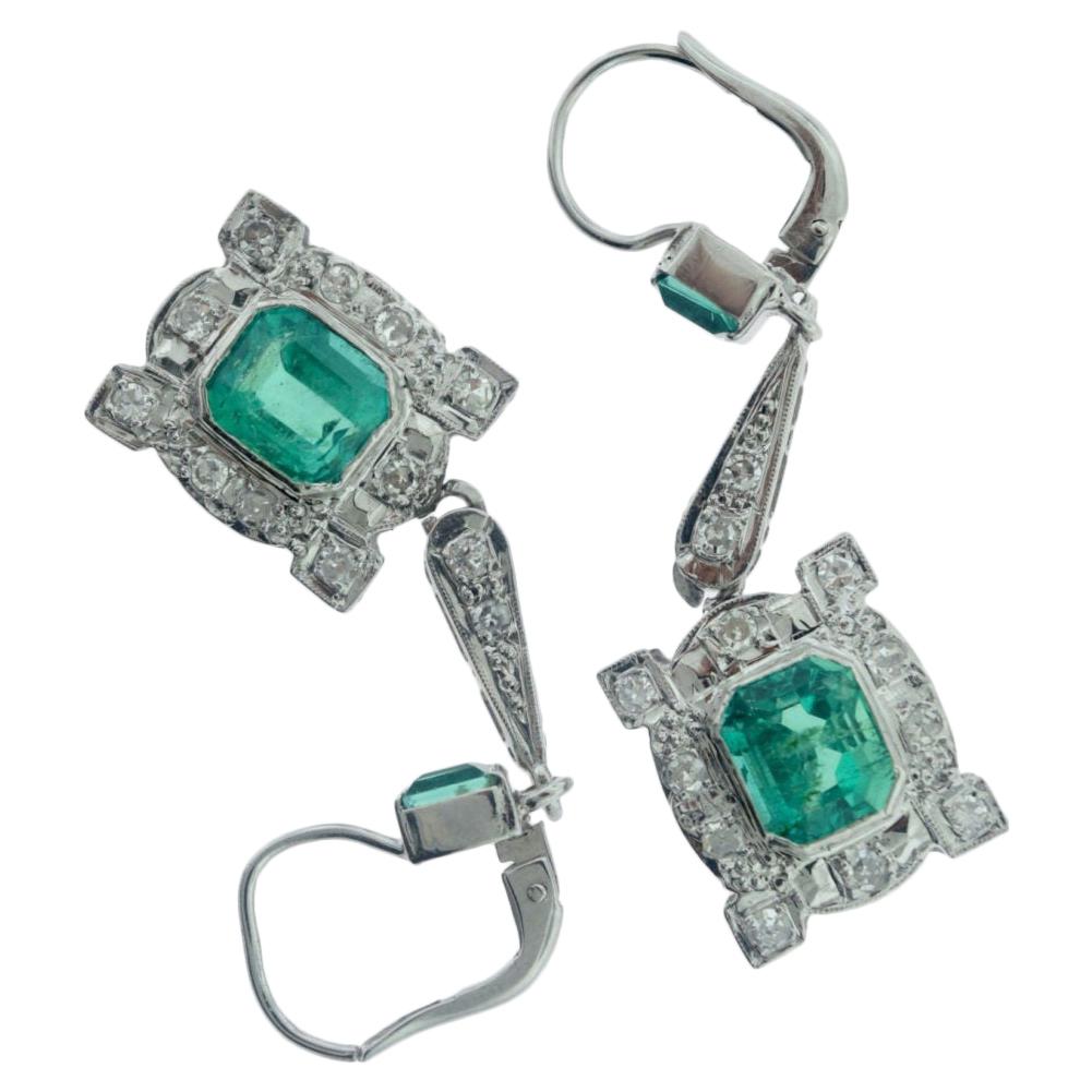 Antique Columbian Emerald and Diamond Drop Earrings For Sale