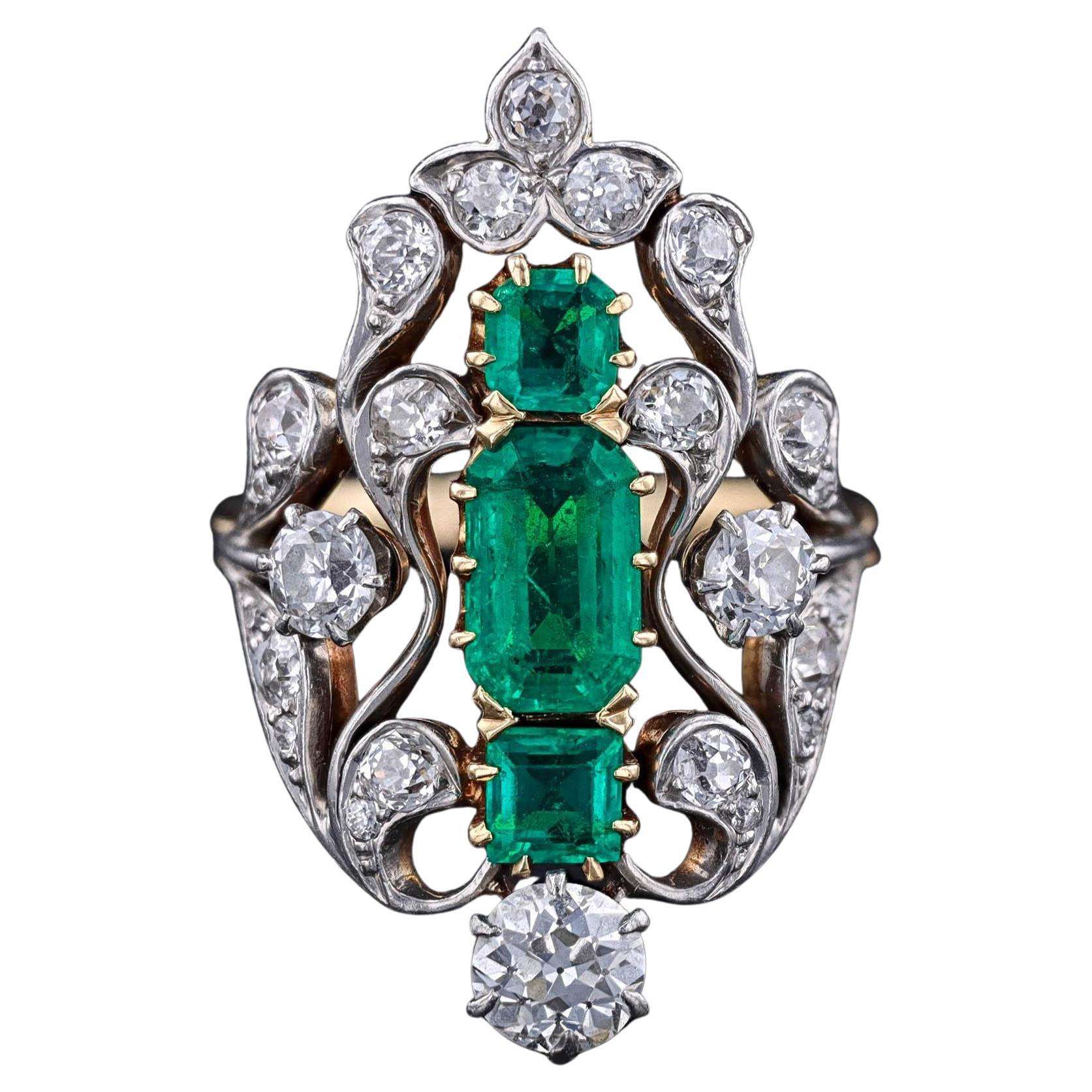 Antiker kolumbianischer Smaragd und Diamantring aus 18k Gold und Platin - GIA Zertifikat