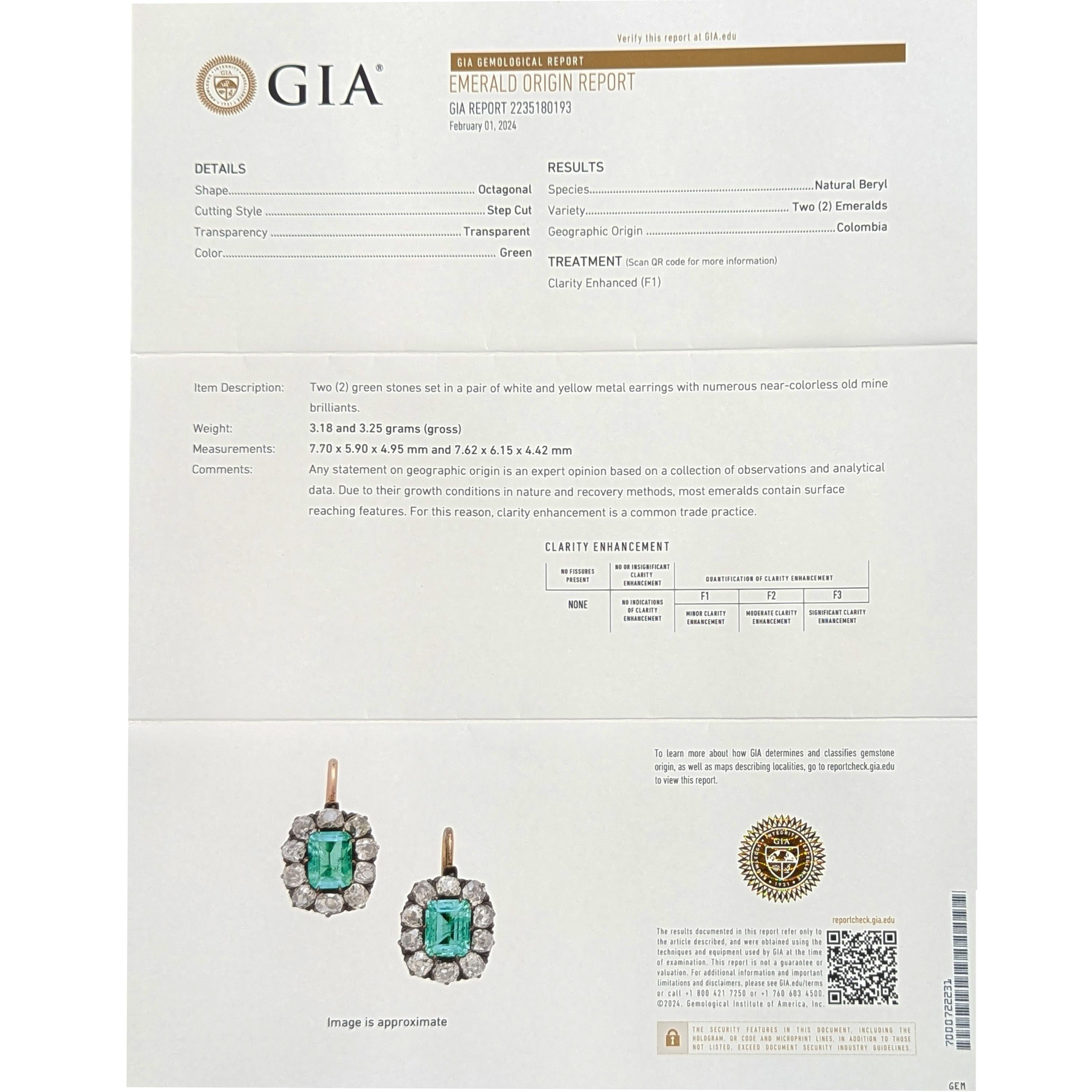 Boucles d'oreilles anciennes Columbian Emerald Diamond and Silver Upon Gold Cluster, vers 1 Pour femmes en vente
