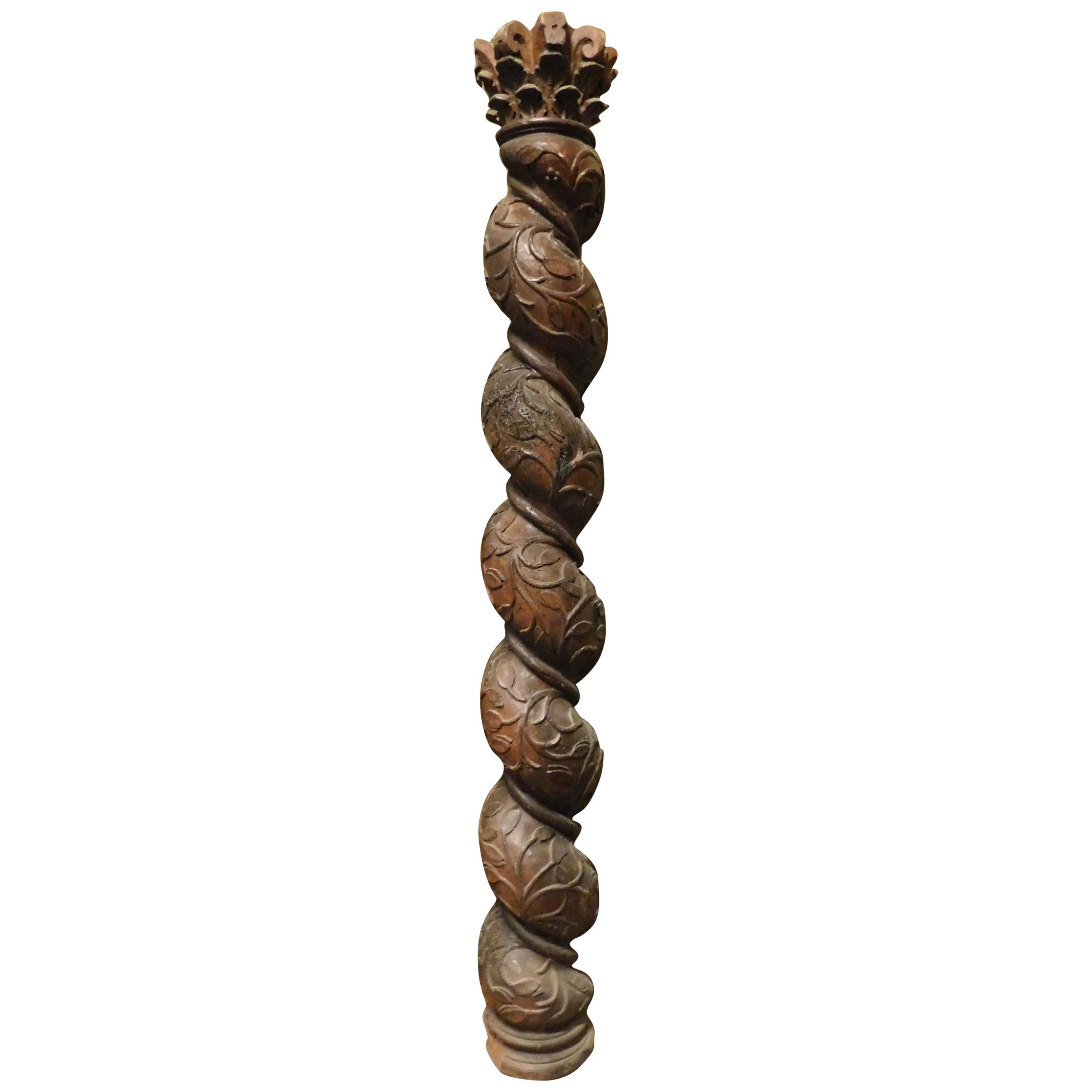 Antique Column in Walnut Wood, with Twisted Sculpted, 17th Century Italy