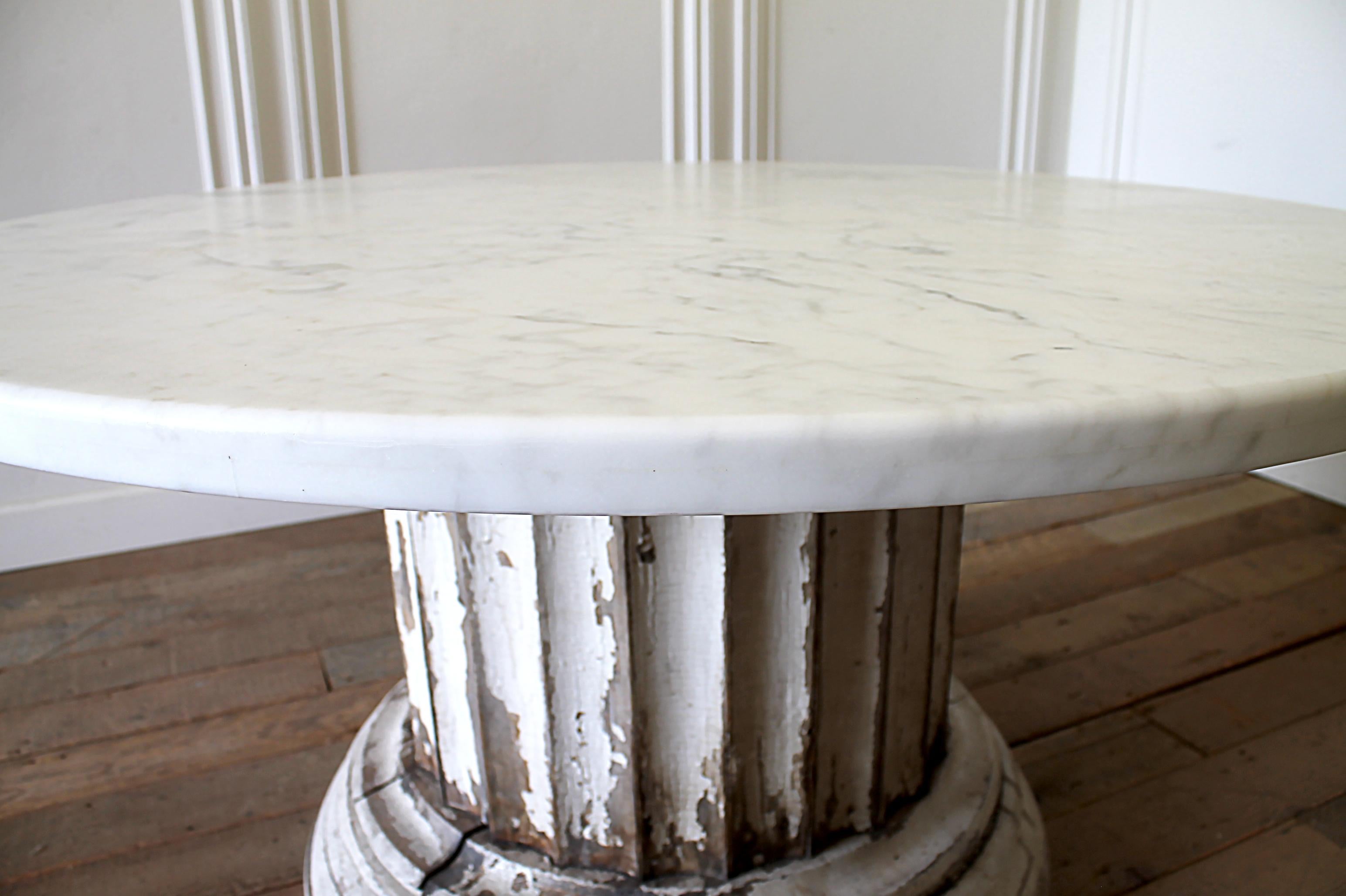 Antique Column Pedestal Dining Table Original Paint Calcutta Gold Marble Top 4