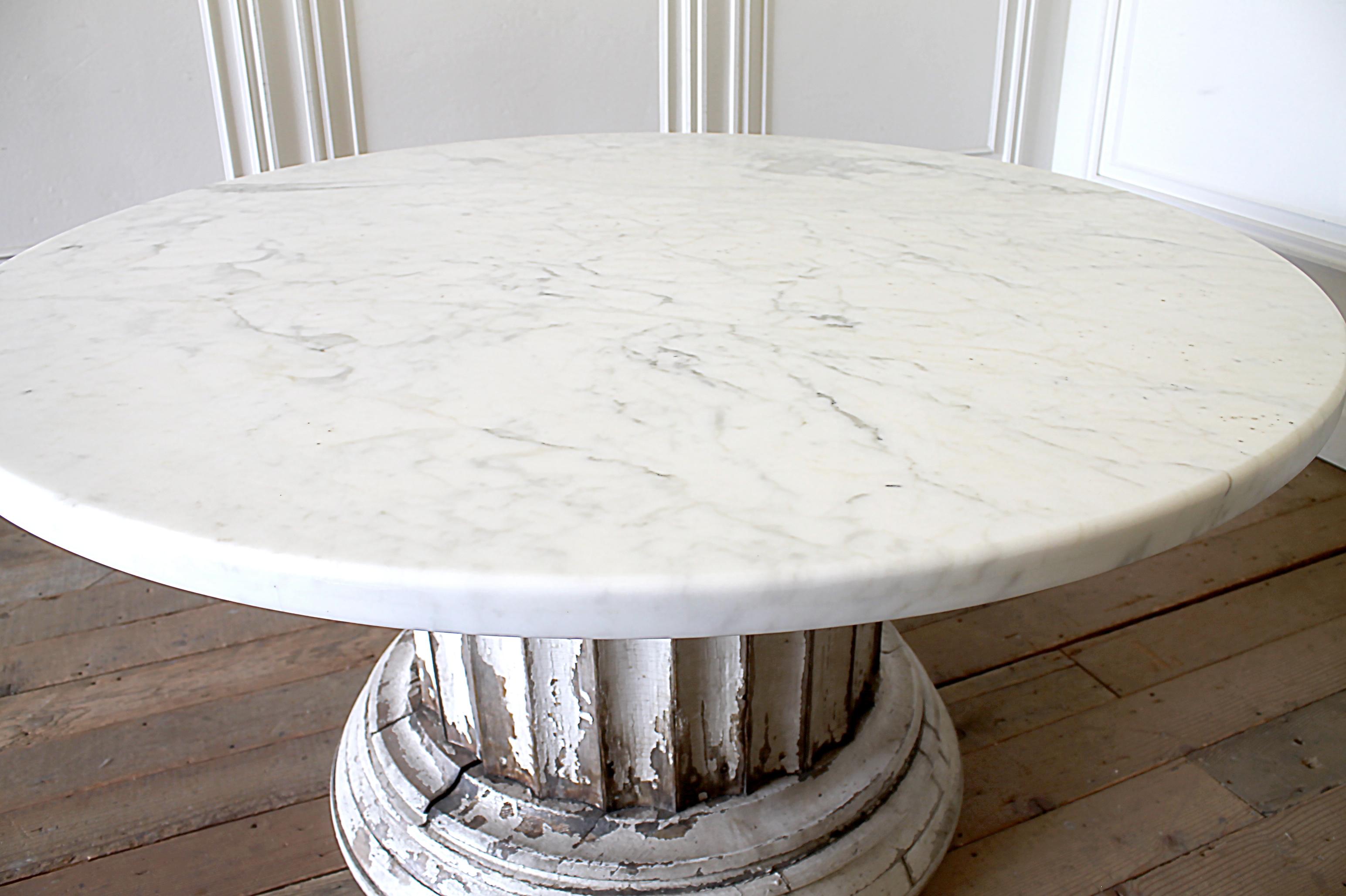 Antique Column Pedestal Dining Table Original Paint Calcutta Gold Marble Top 7