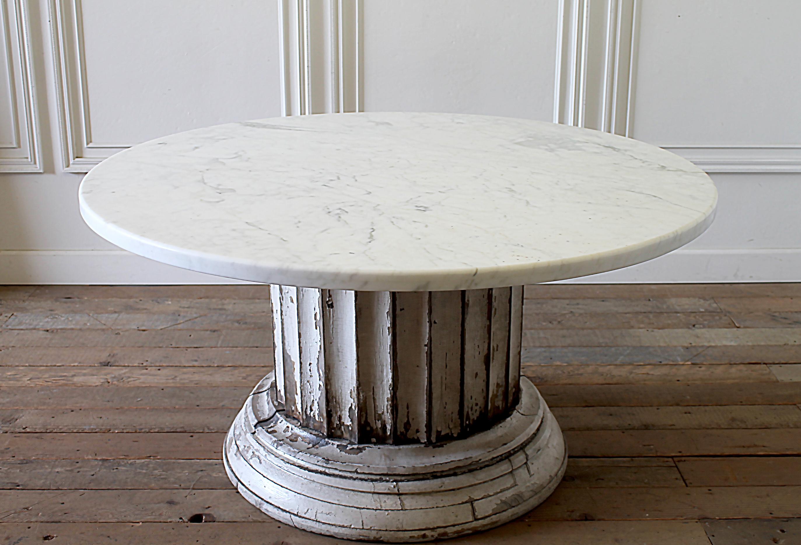 Antique Column Pedestal Dining Table Original Paint Calcutta Gold Marble Top In Good Condition In Brea, CA