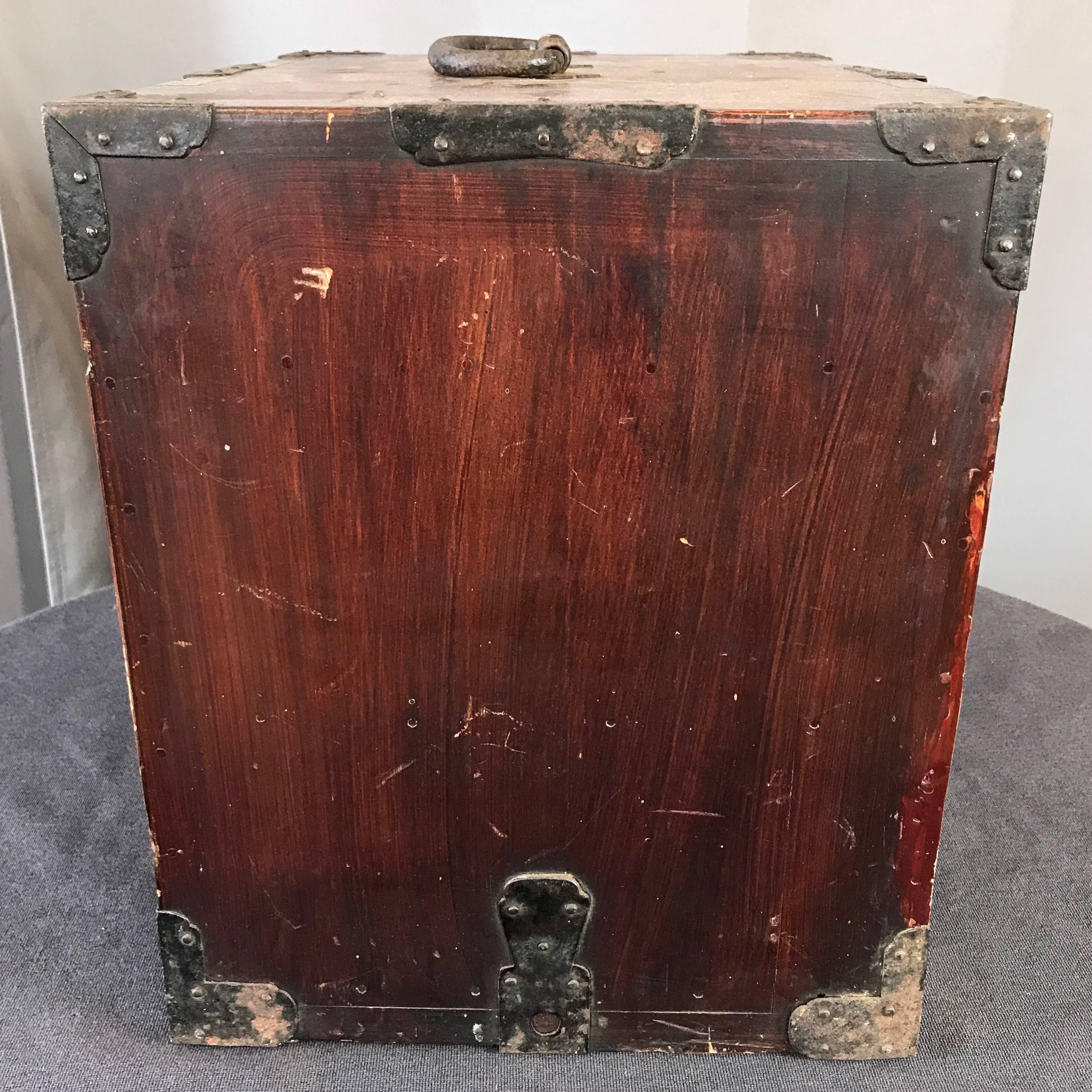 Antique Compact Chinese Seaman’s Chest with Locks and Key In Fair Condition In San Francisco, CA