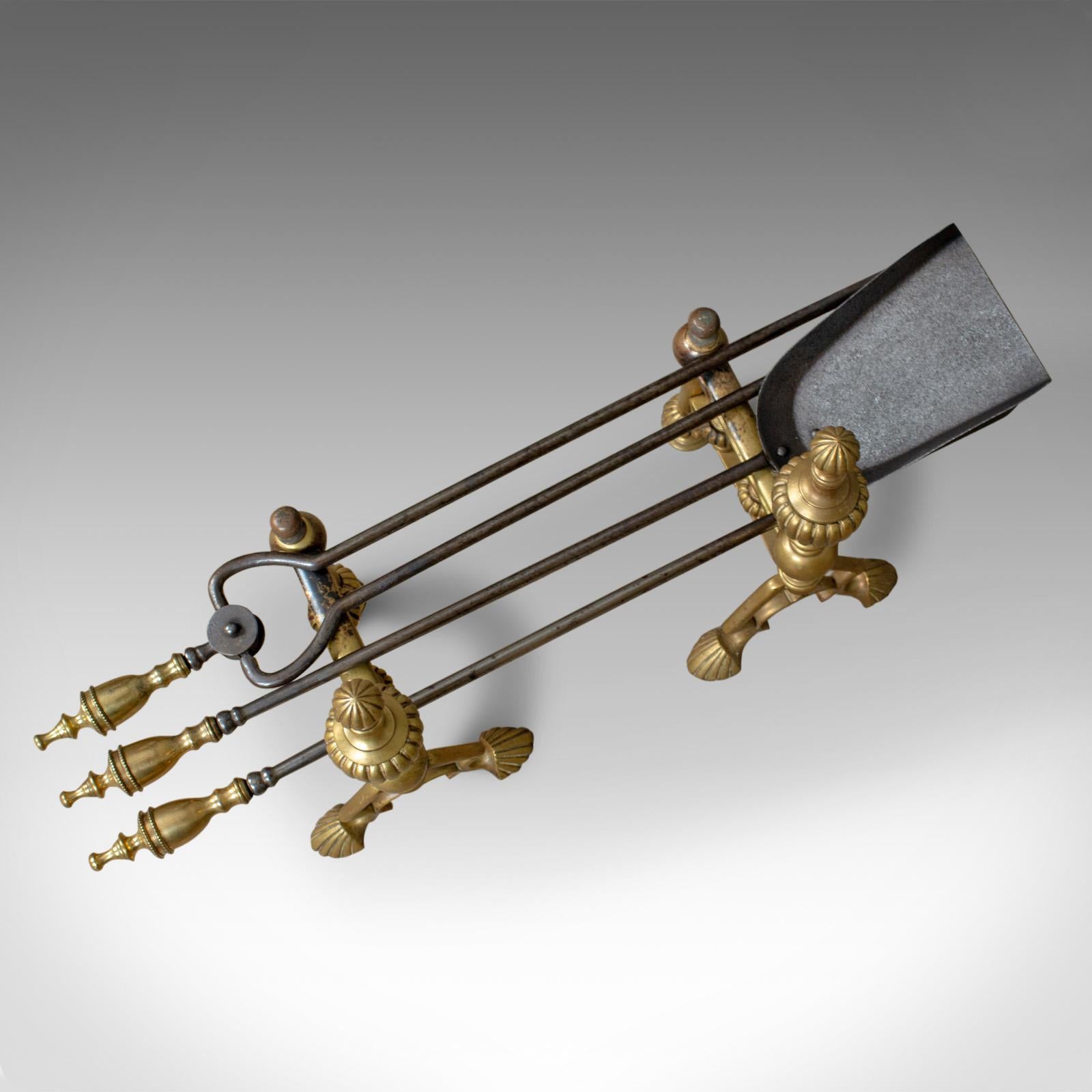 English Antique Companion Set of Fire Irons on Rests, Classical Revival, circa 1880