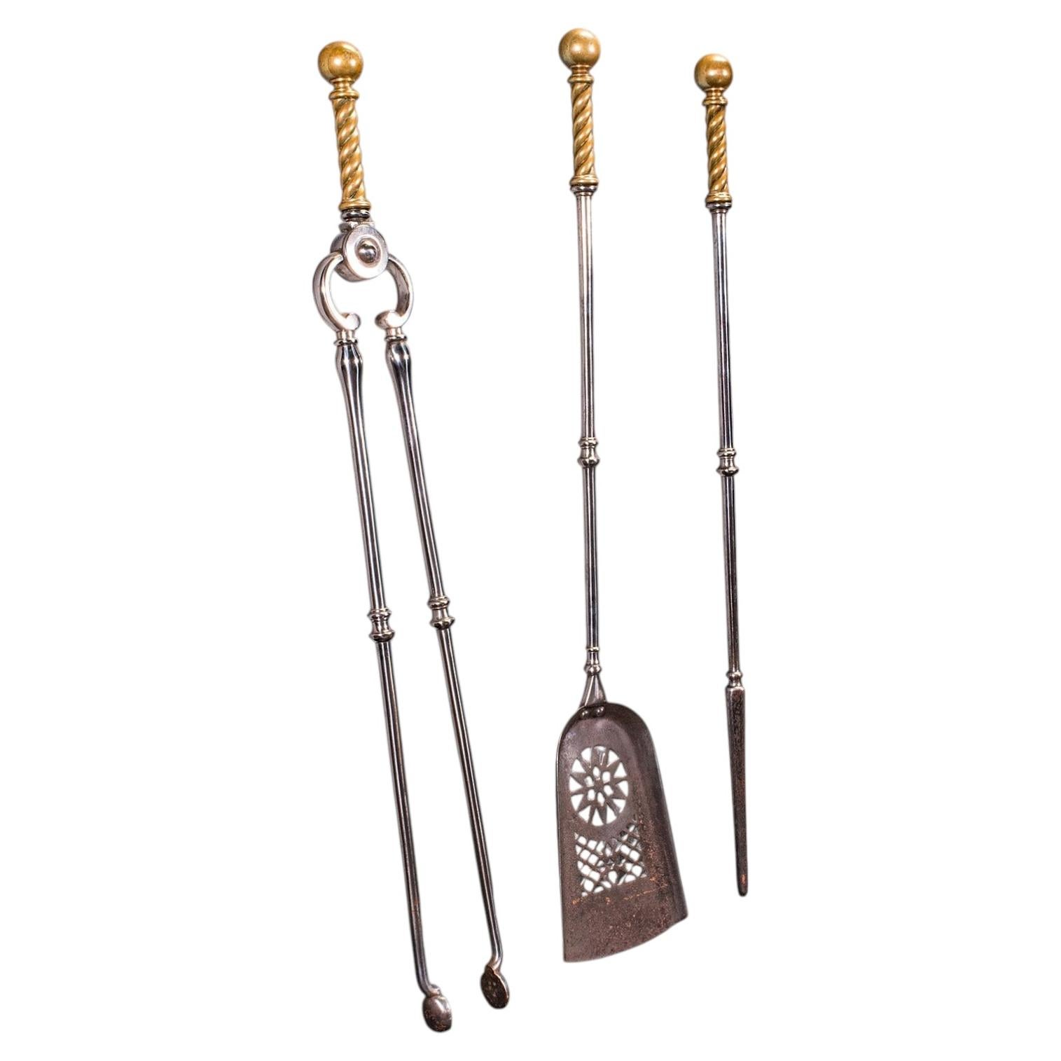 Antique Companion Set, Three Fireside Tools, English, Steel, Brass, Victorian