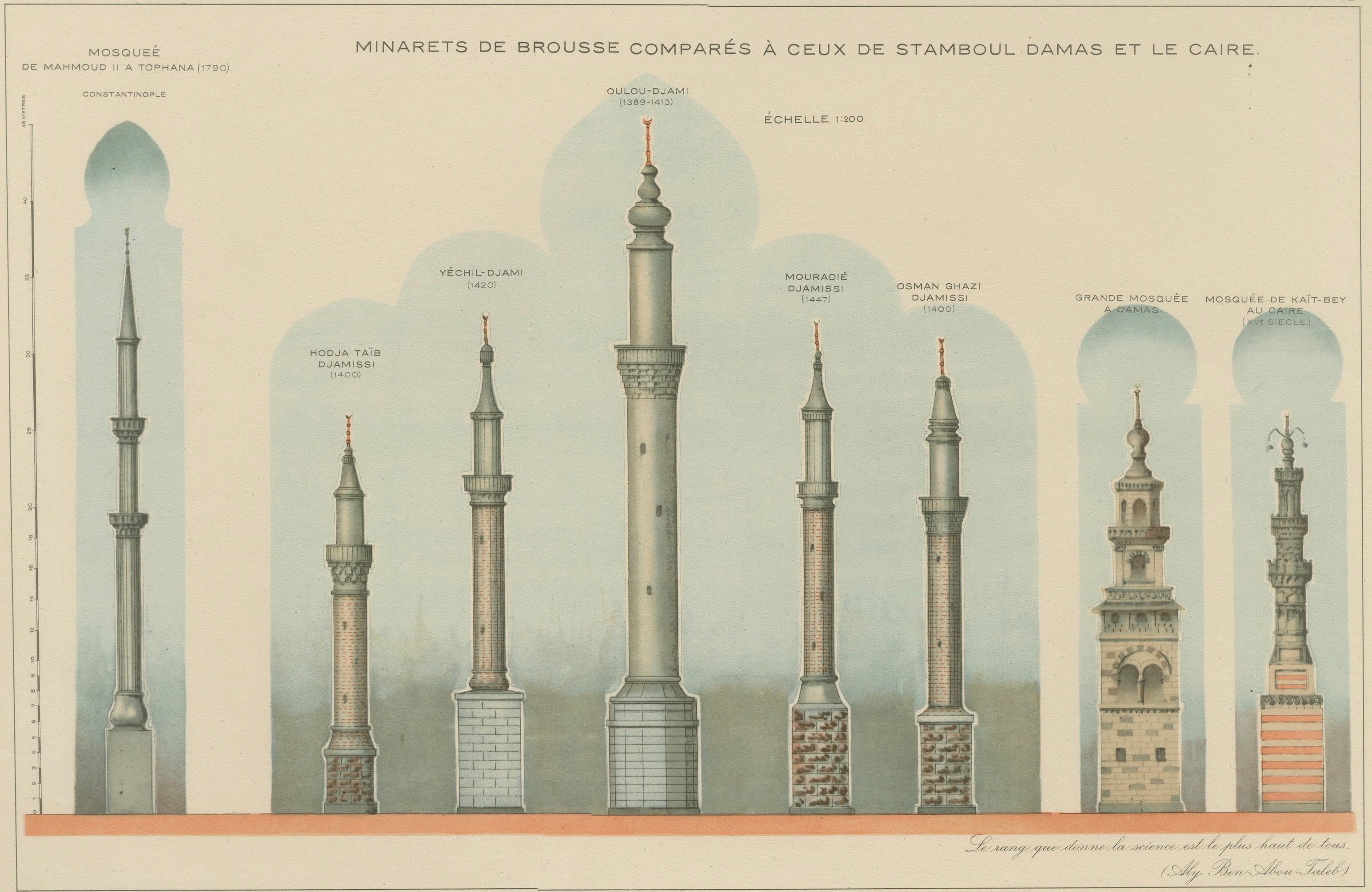 Antique Comparative Minarets Print, Bursa, Istanbul, Damascus & Cairo, 1924