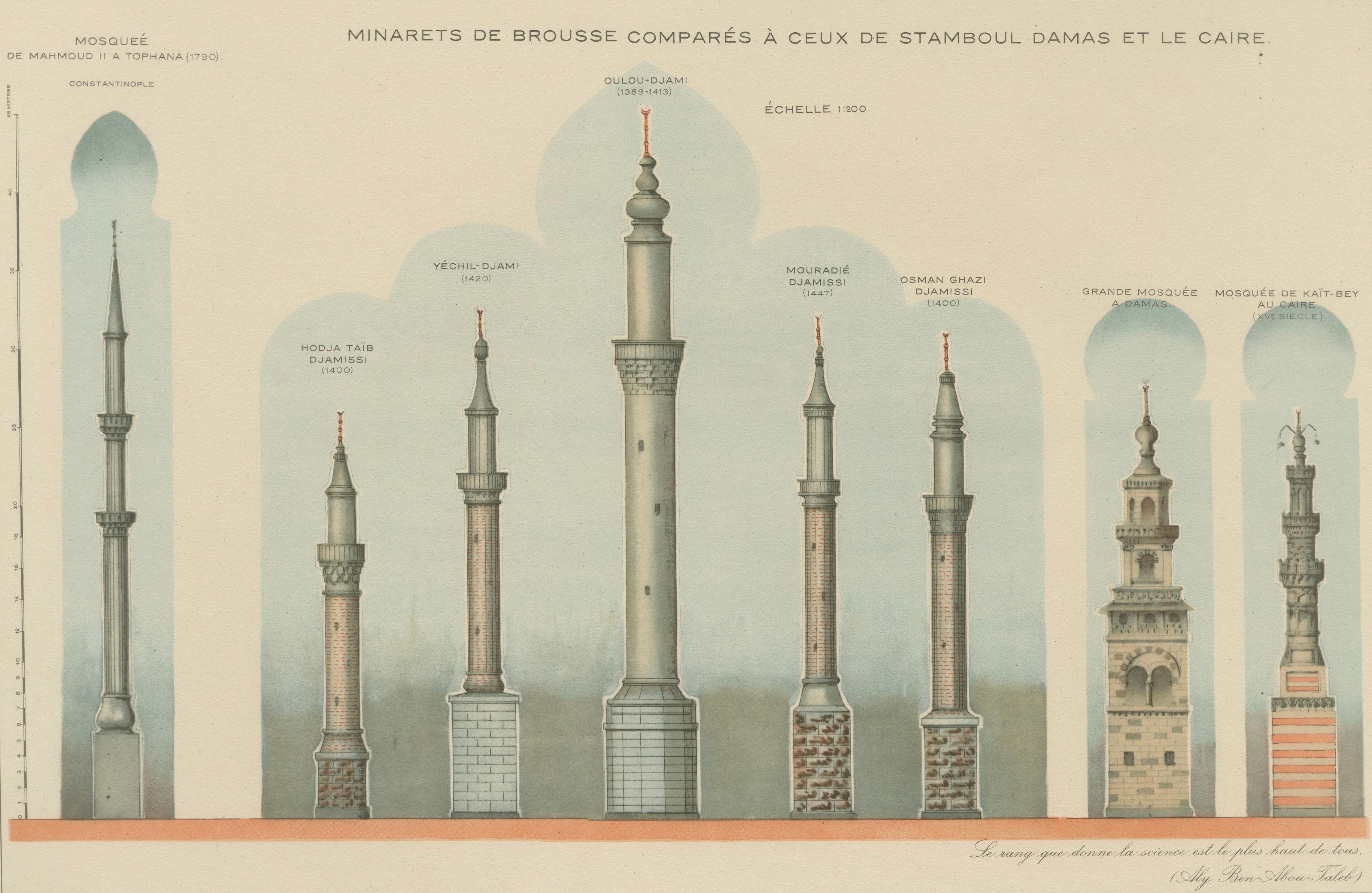 Antique Comparative Minarets Print, Bursa, Istanbul, Damascus & Cairo, 1924
