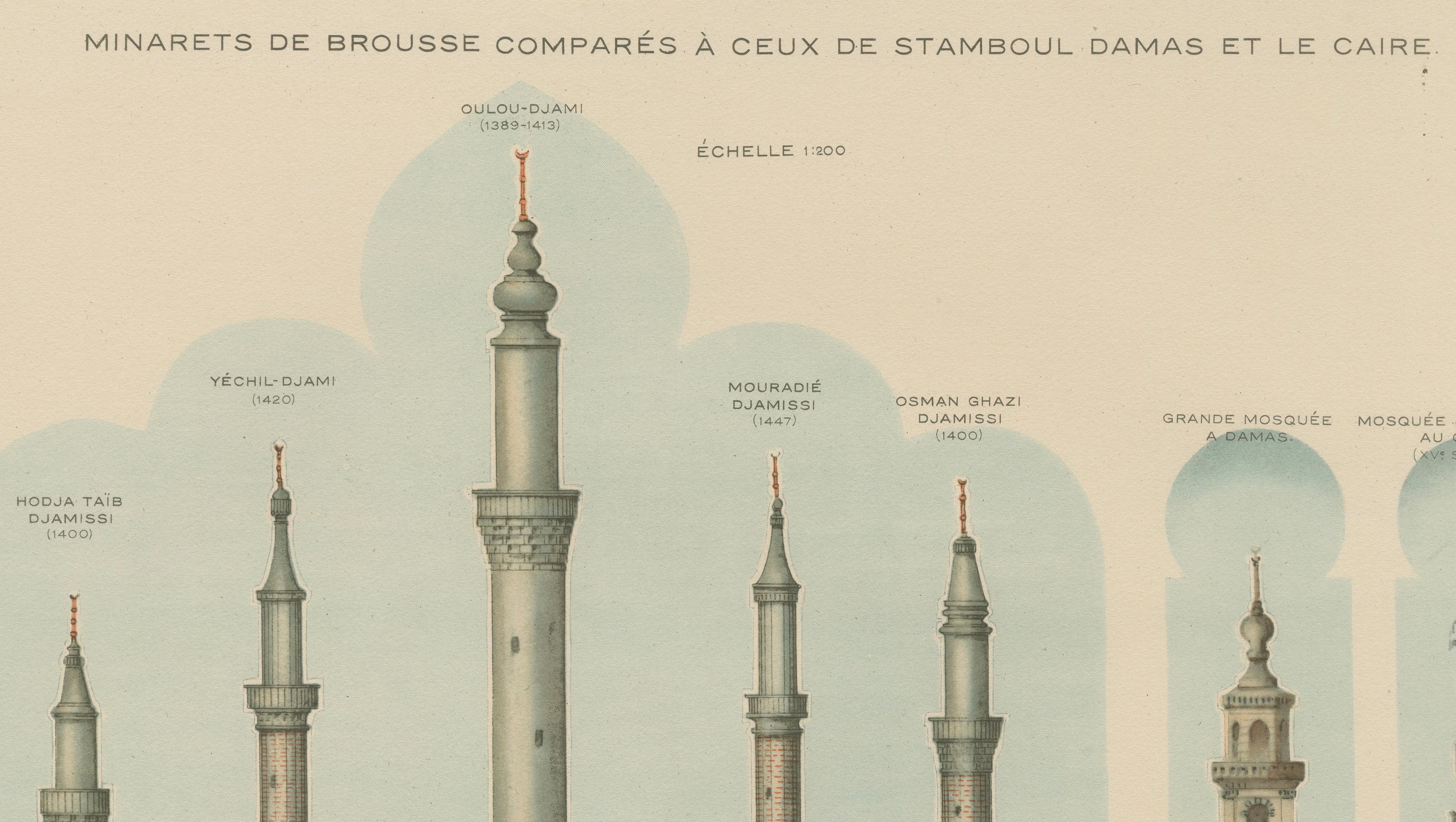 Antique Comparative Minarets Print, Bursa, Istanbul, Damascus & Cairo, 1924