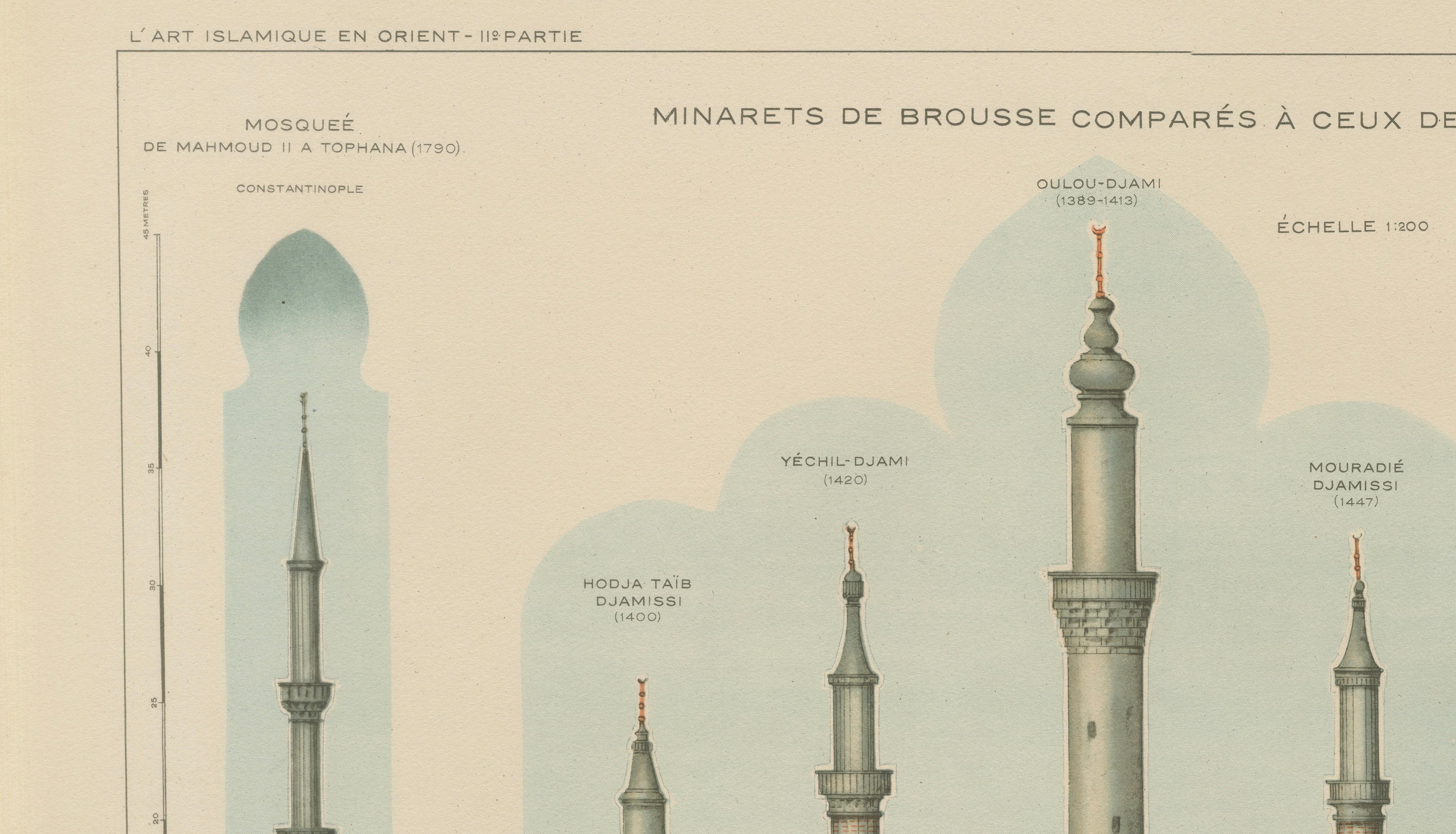 Antique Comparative Minarets Print, Bursa, Istanbul, Damascus & Cairo, 1924