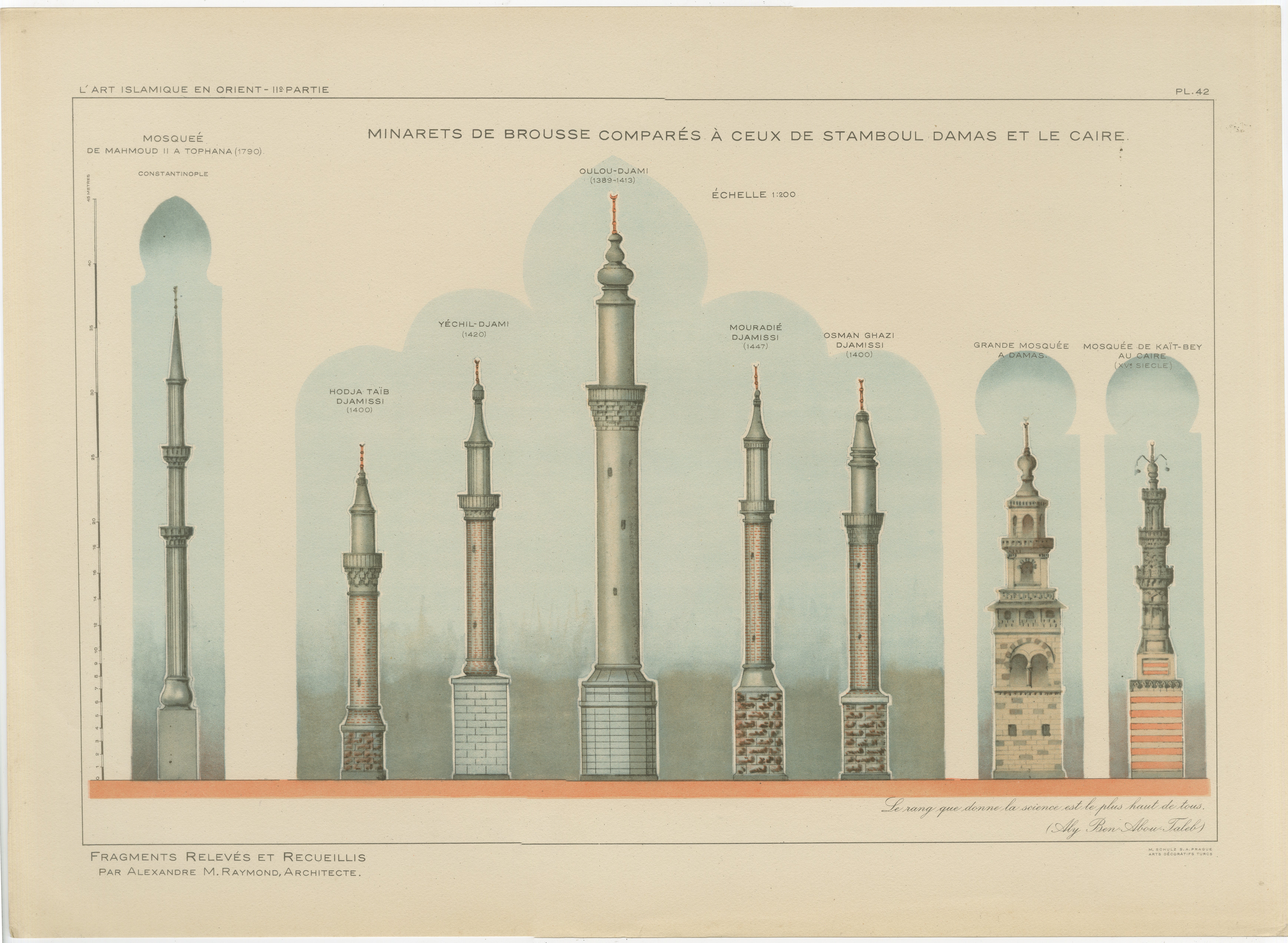 Antique Comparative Minarets Print, Bursa, Istanbul, Damascus & Cairo, 1924