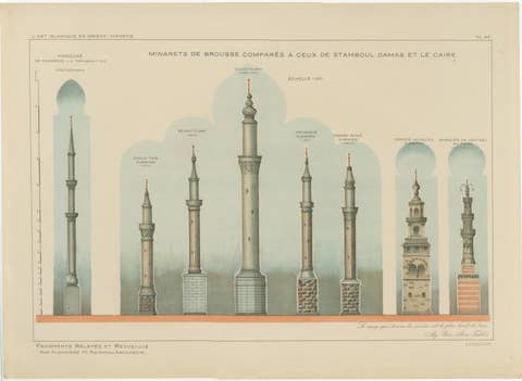 Antique Comparative Minarets Print, Bursa, Istanbul, Damascus & Cairo, 1924