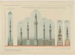 Antique Comparative Minarets Print, Bursa, Istanbul, Damascus & Cairo, 1924