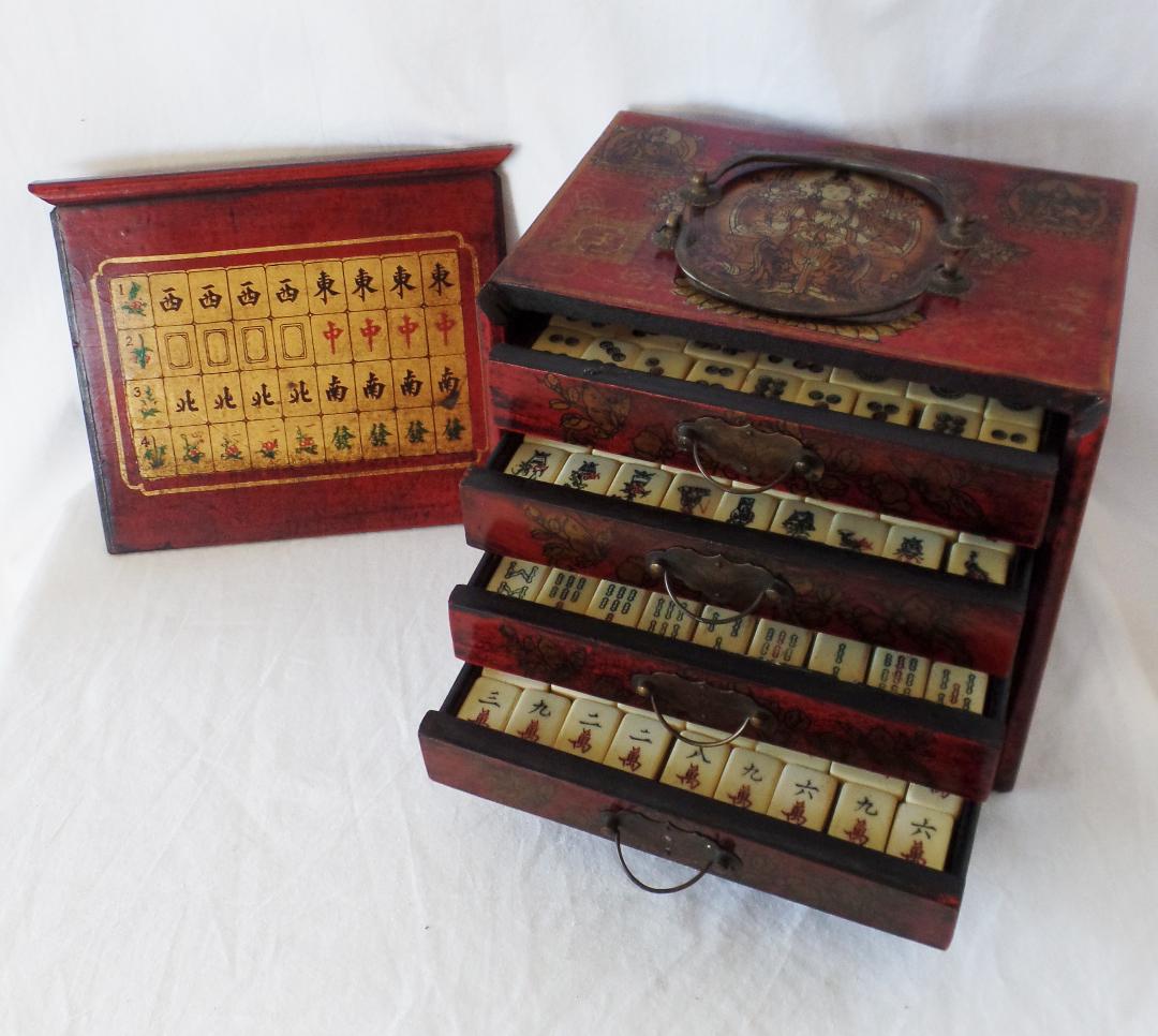 Black Antique Complete Guanyin Goddess box Mahjong set Gorgeous 