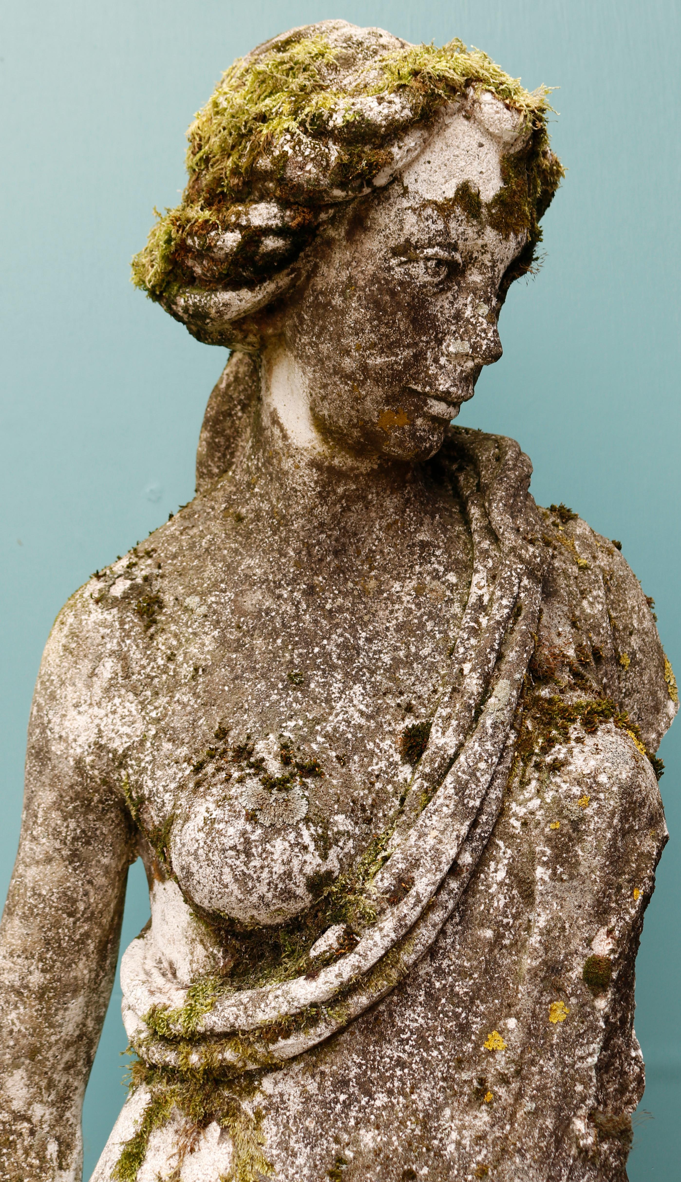 A reclaimed weathered life size statue of Venus.

Additional Dimensions 

Height 180 cm

Maximum width 49 cm

Maximum depth 30 cm

Base 38 x 38 cm.