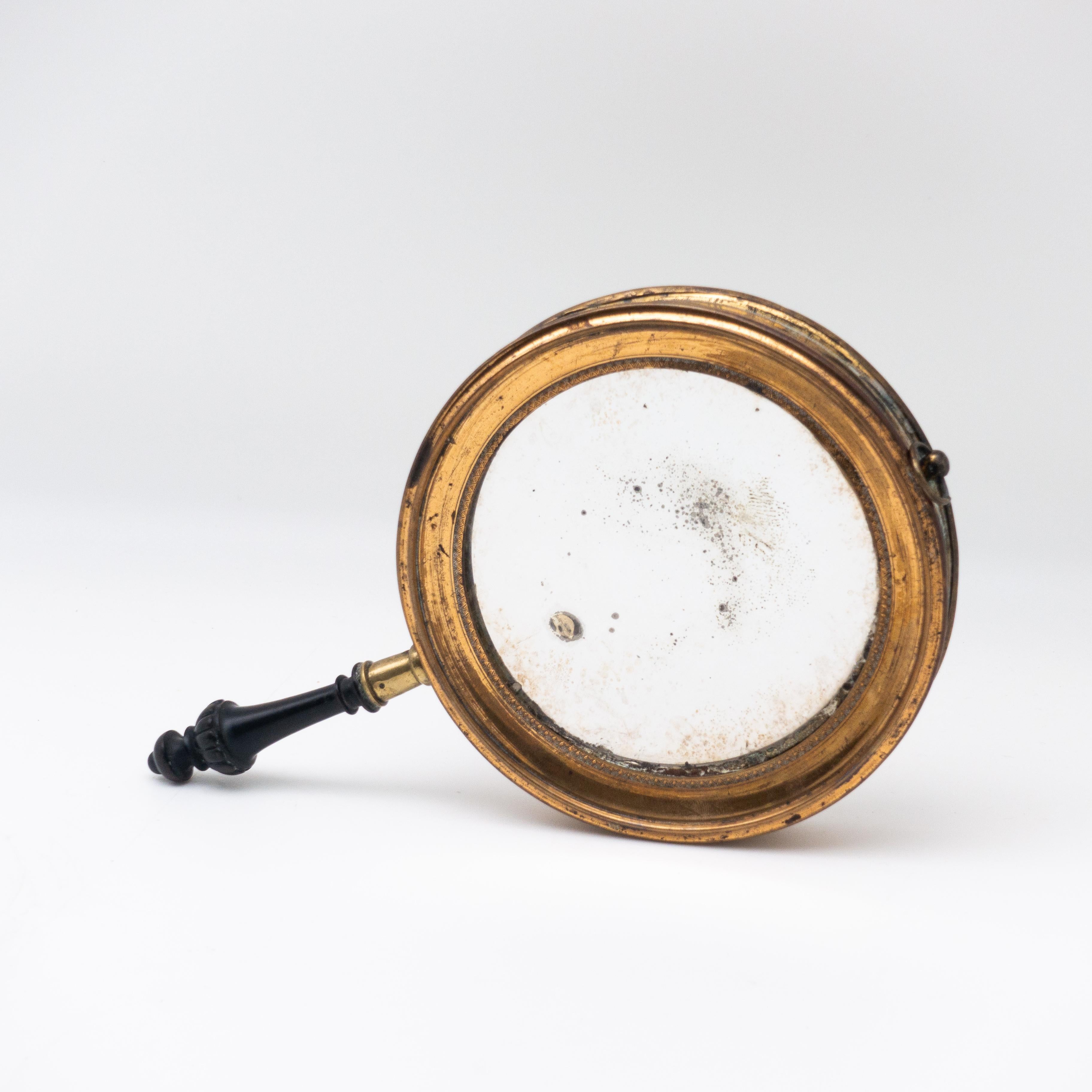 Victorian Antique Concave Brass and Carved Wood Hand Mirror, 19th Century
