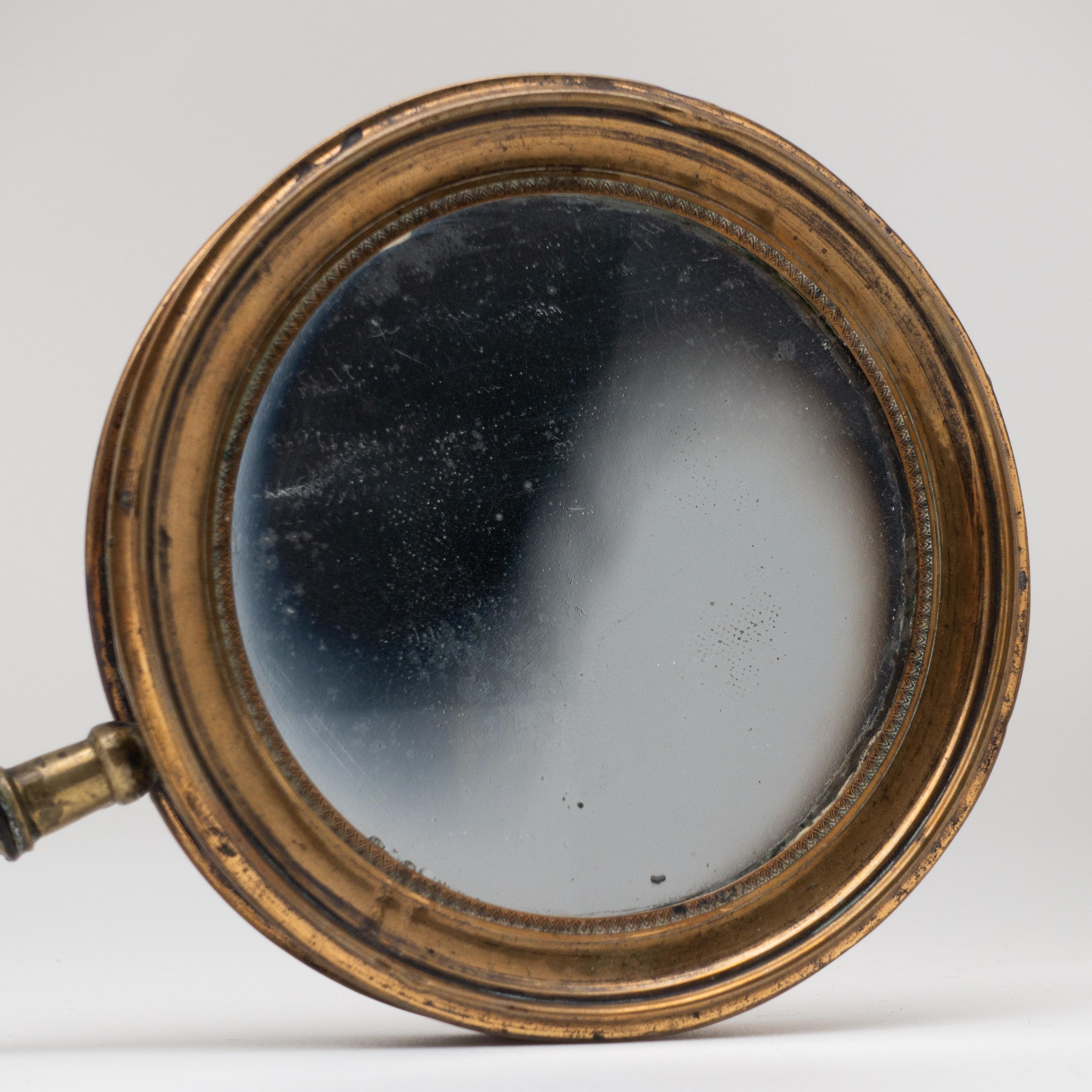 English Antique Concave Brass and Carved Wood Hand Mirror, 19th Century