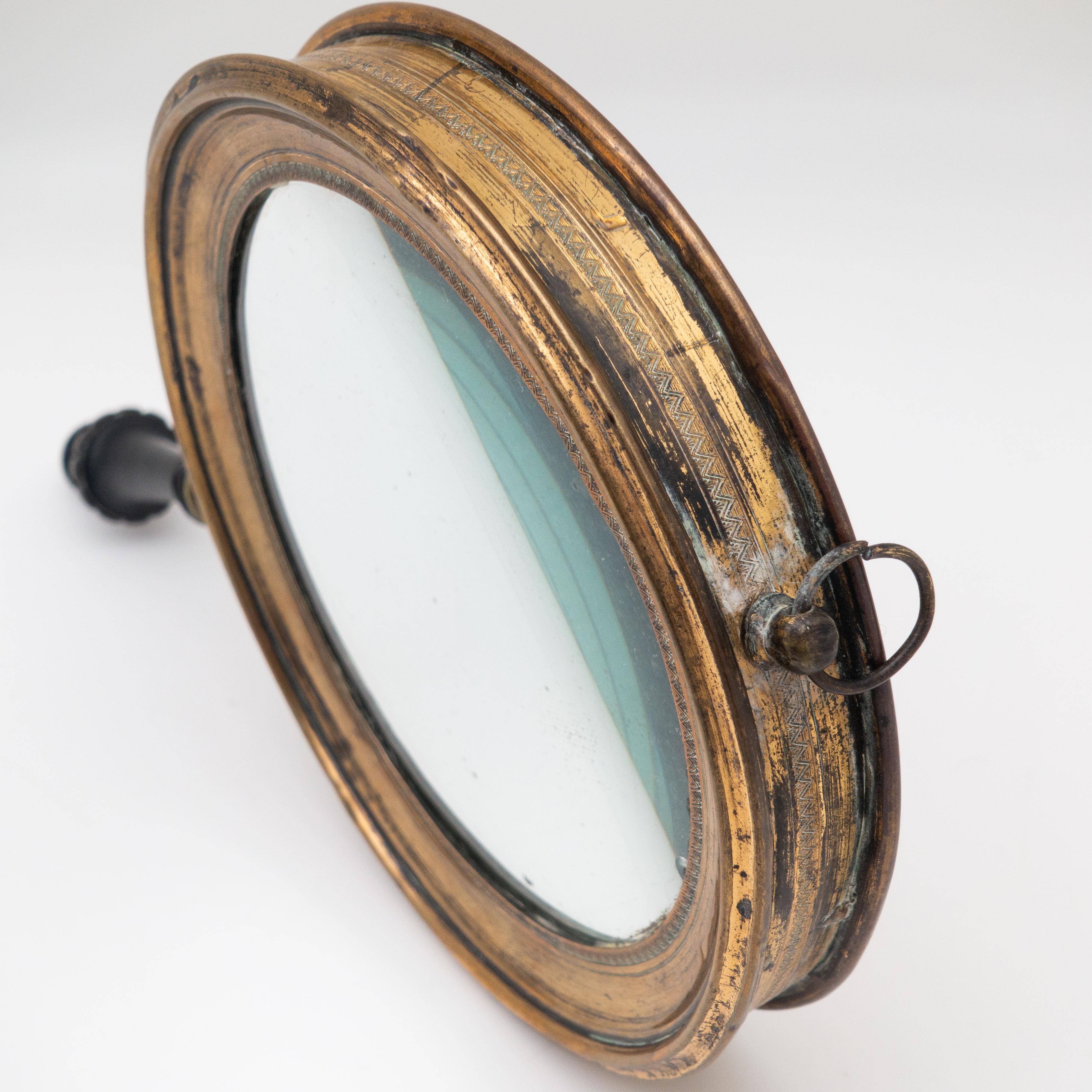 Antique Concave Brass and Carved Wood Hand Mirror, 19th Century In Good Condition In New York, NY