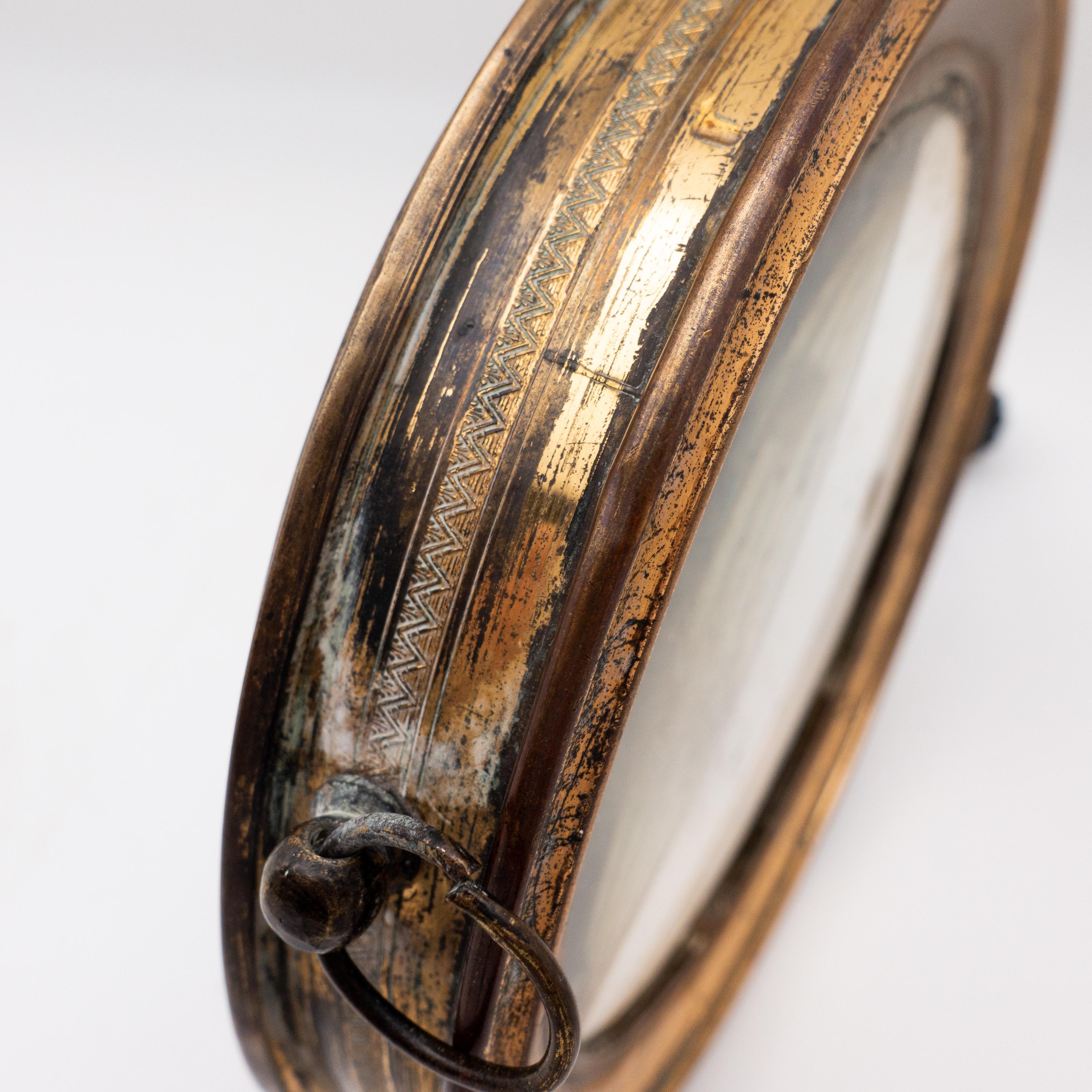 Bronze Antique Concave Brass and Carved Wood Hand Mirror, 19th Century