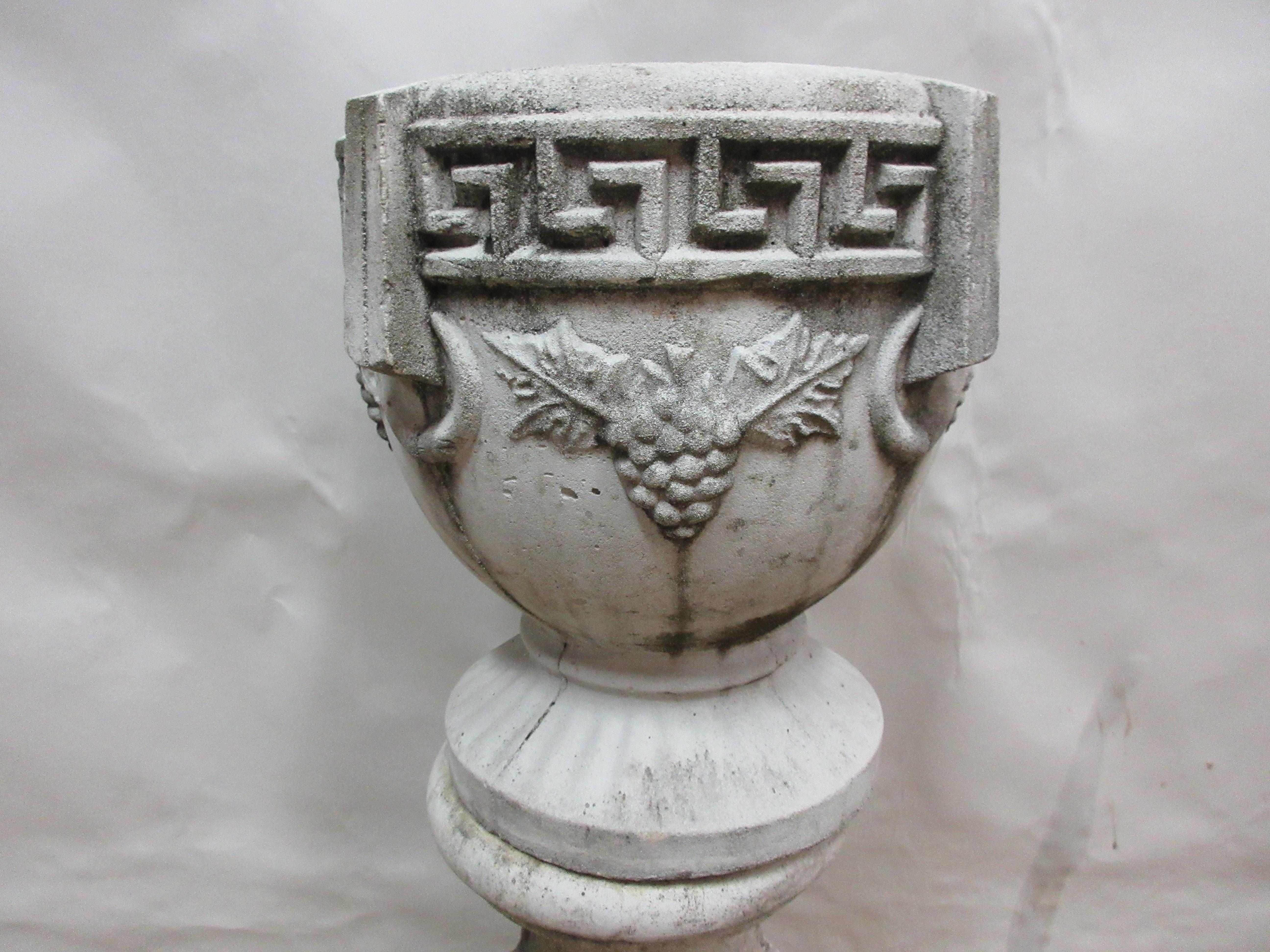 Classical Greek Antique Concrete Grecian Greek Key Urn + Pedestal For Sale