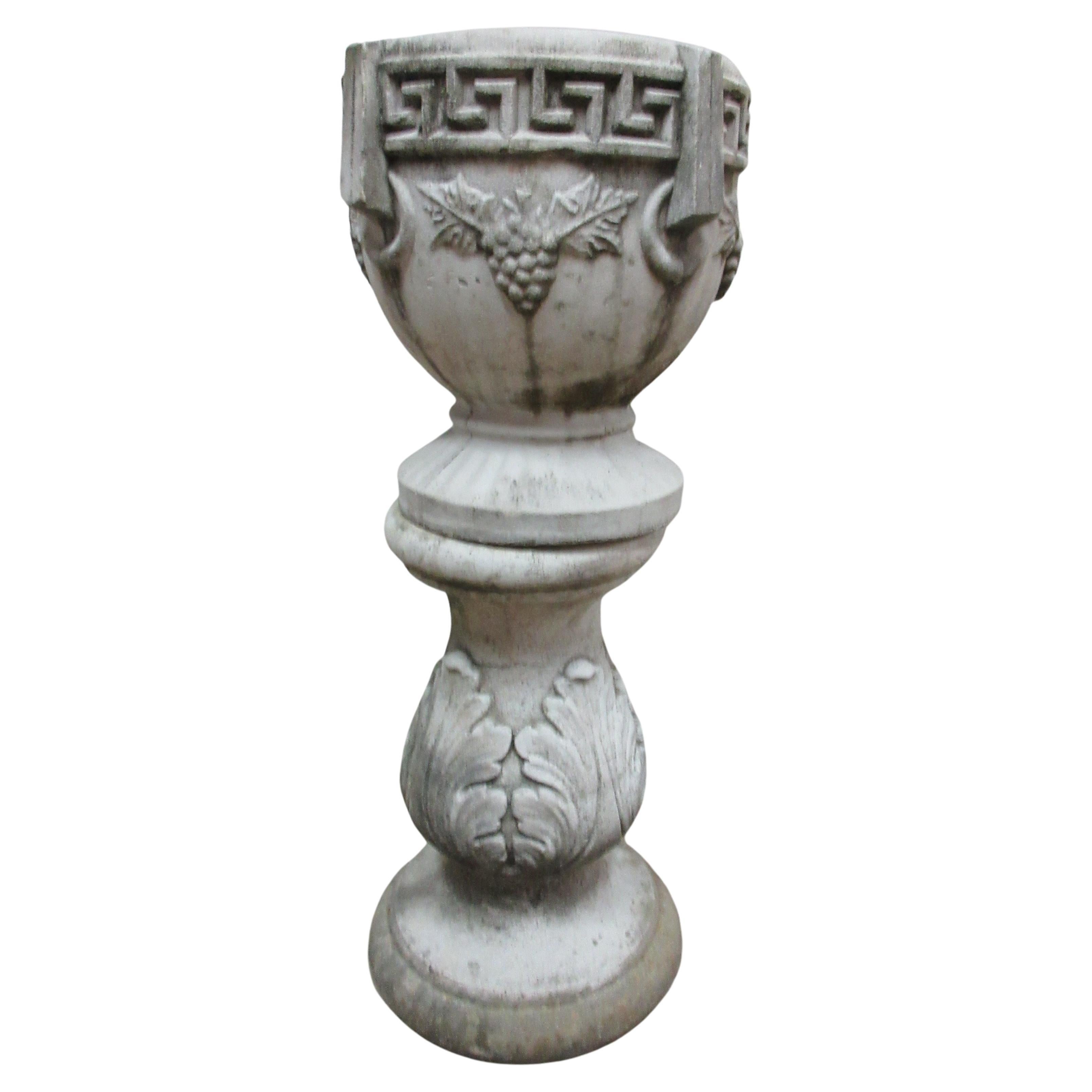 Antique Concrete Grecian Greek Key Urn + Pedestal