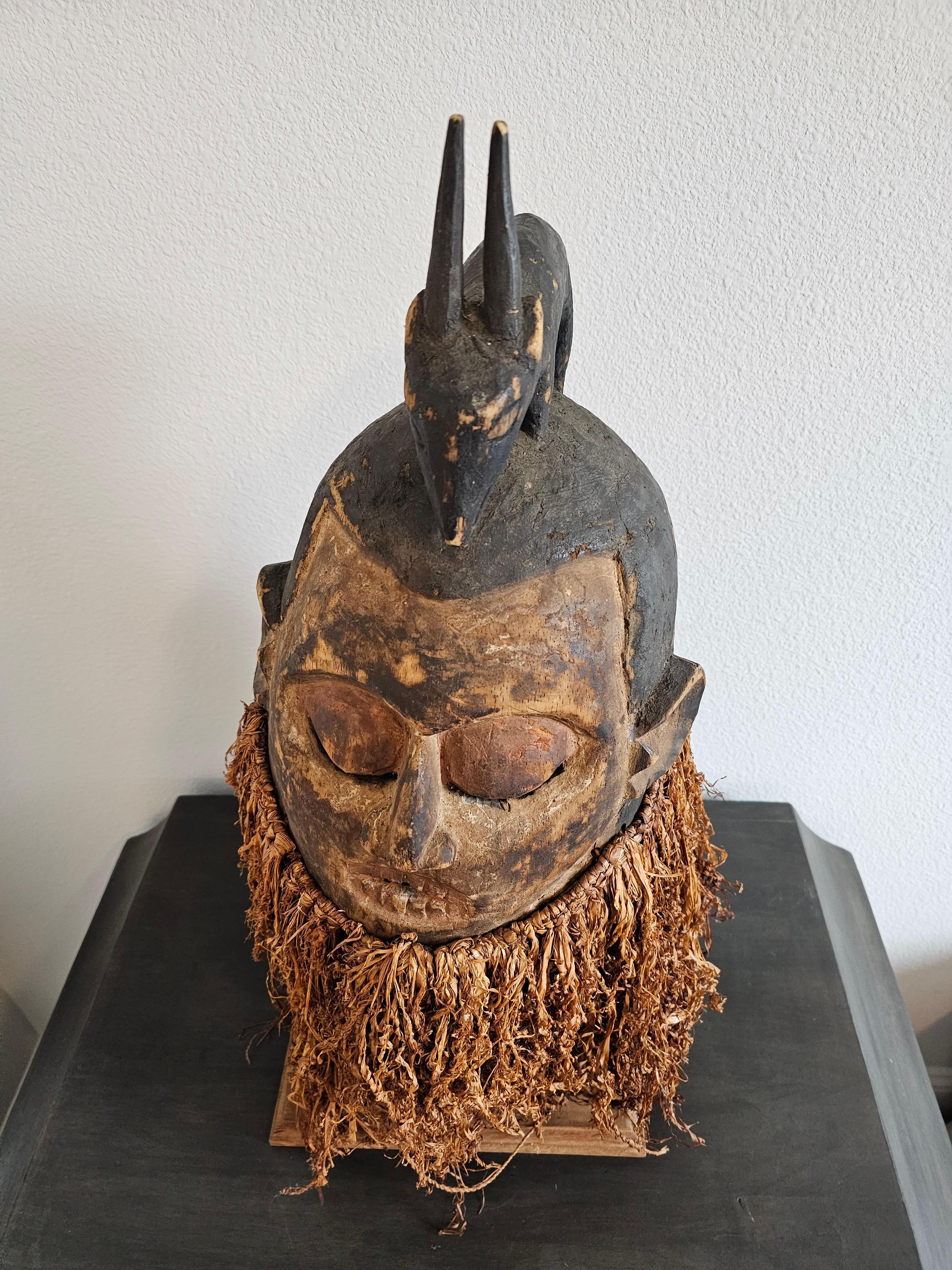 Antique Congolese African Tribal Carved Hemba Helmet Mask, Suku Peoples For Sale 1