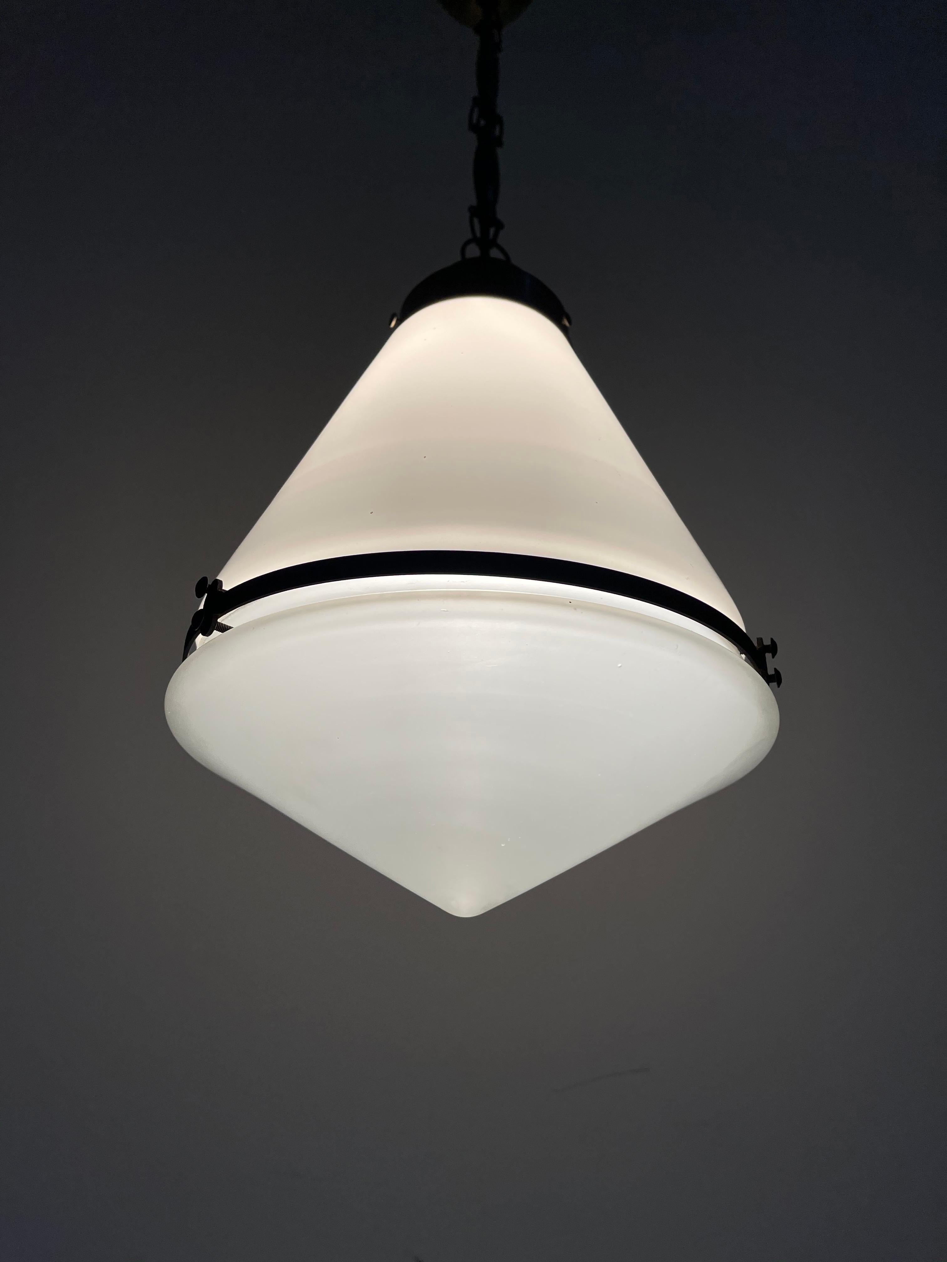 Antique Conical Opaline Milk Glass Ceiling Pendant Light by Peter Behrens In Good Condition For Sale In Sale, GB