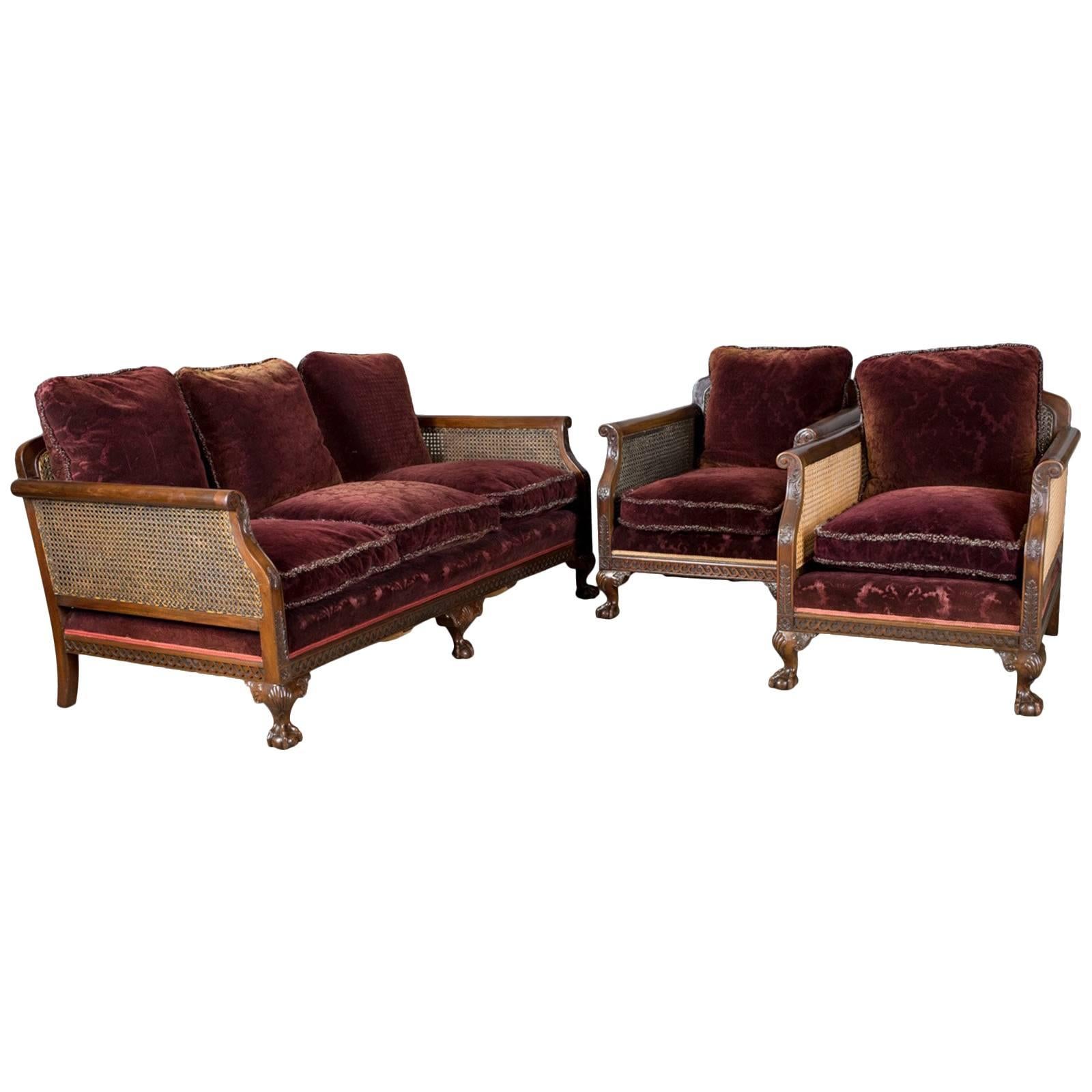 Antique Conservatory Suite, Bergère Sofa and Two Chairs, Edwardian, English