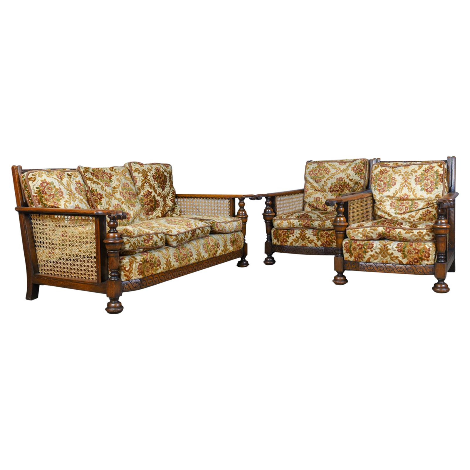 Antique Conservatory Suite, Oak, Bergere, Three-Seat Sofa, Two Chairs