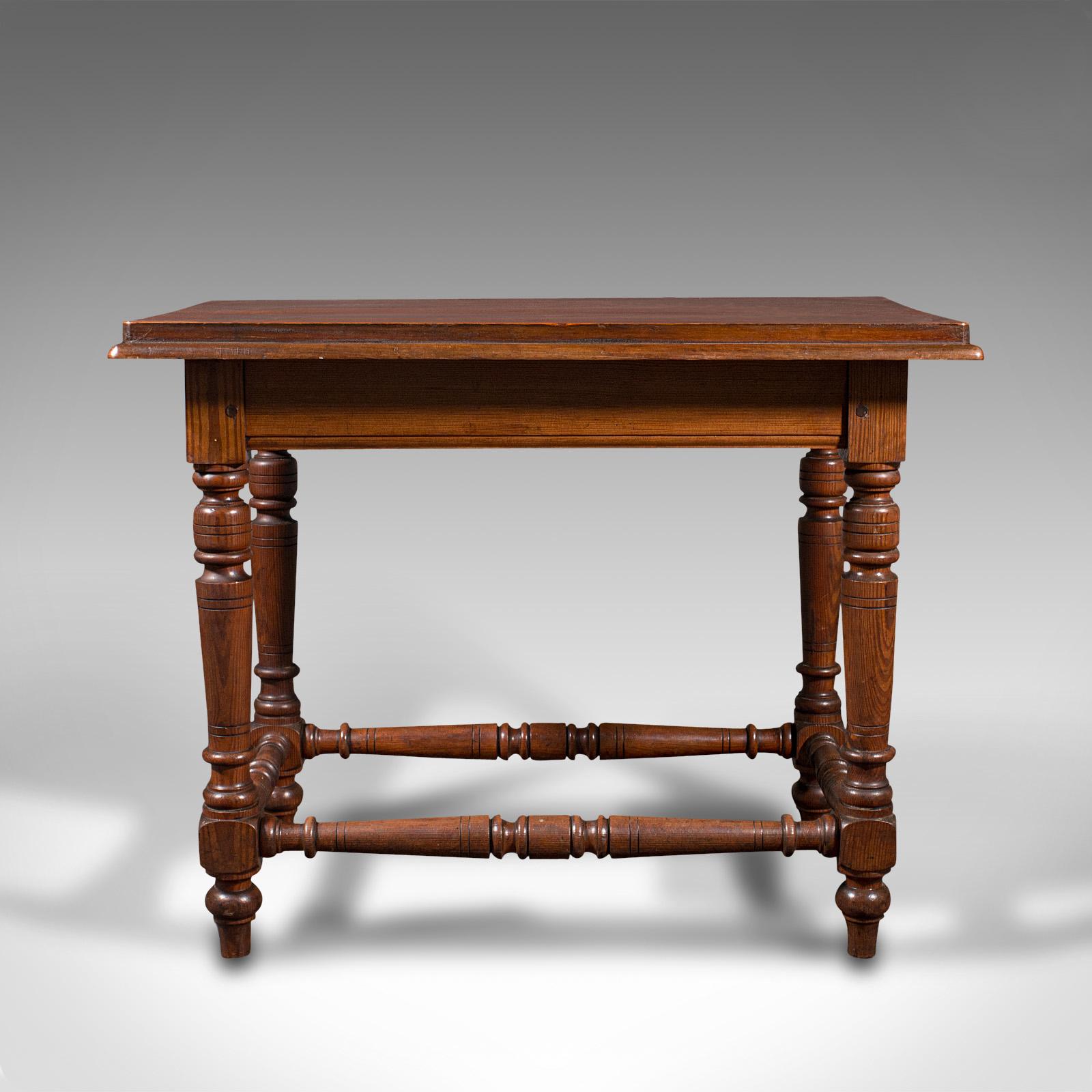 This is a small antique console table. An English, pitch pine ecclesiastical or side table, dating to the late Victorian period, circa 1880.

Pleasingly compact, whilst comfortably seating four persons
Displays a desirable aged patina and in good