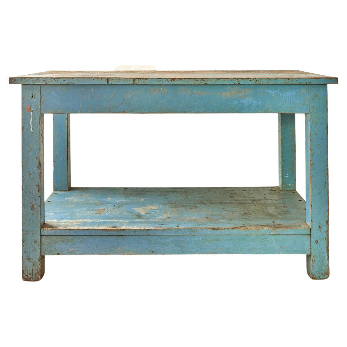 Antique Console Table in Blue Painted Wood, France, Late 19th Century