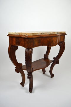 Antique Console Table in Carved Walnut with Marble Top, France, 19th Century