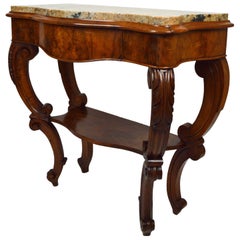 Antique Console Table in Carved Walnut with Marble Top, France, 19th Century