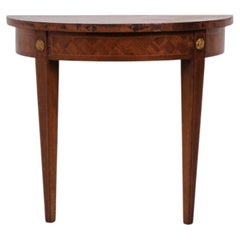 Table console ancienne en bois de fruitier avec marqueterie et ornements dorés de 1880