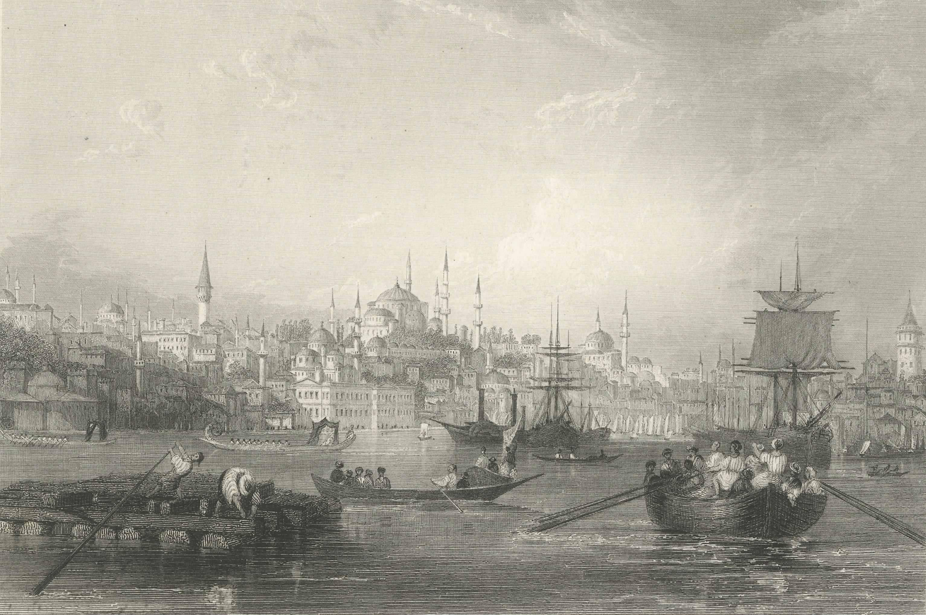 Antique Constantinople Bosphorus View Print, Ottoman Istanbul Panorama, ca.1860