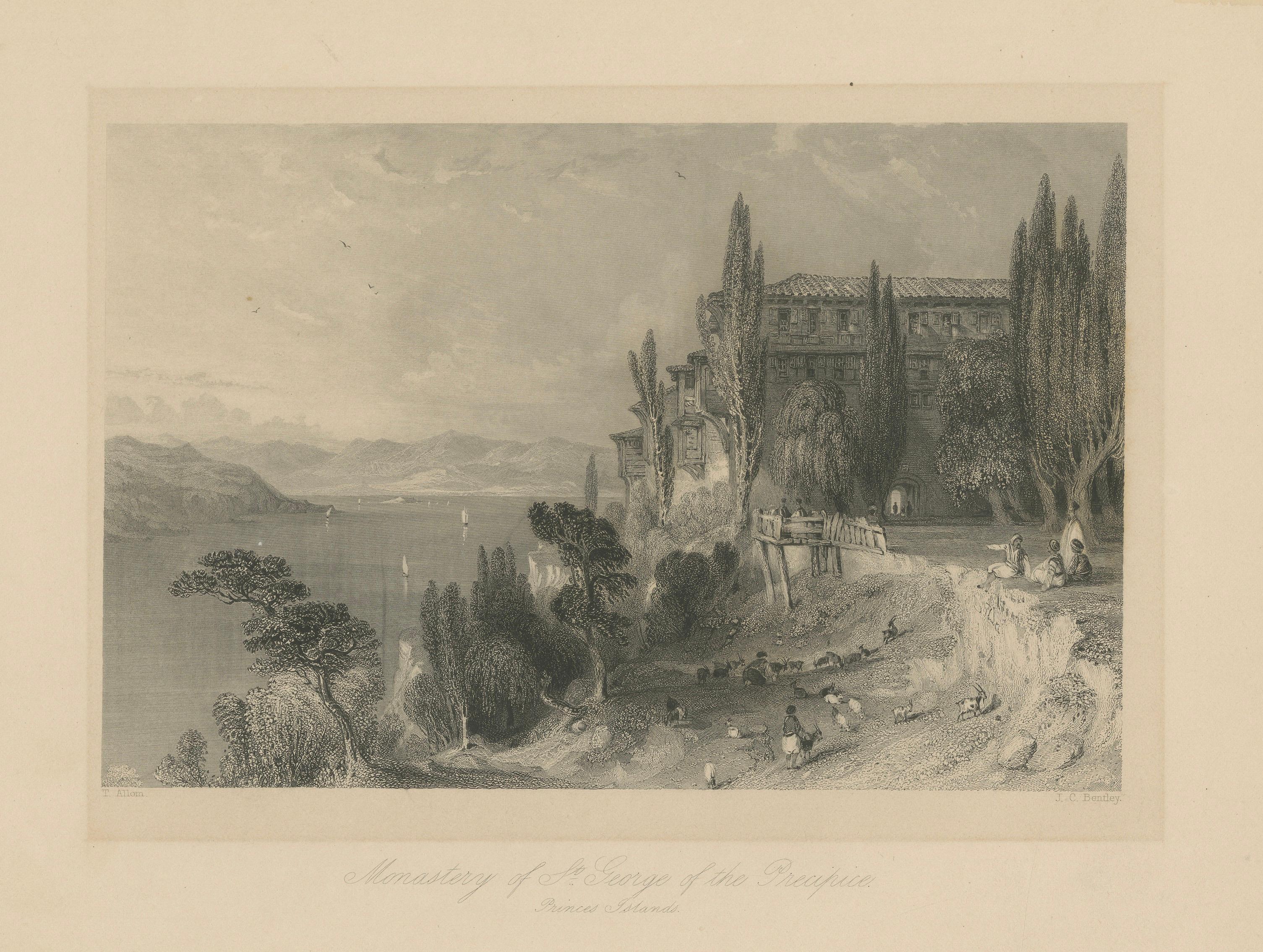 Antique Constantinople Print, Allom St George Monastery Princes Islands, ca.1838