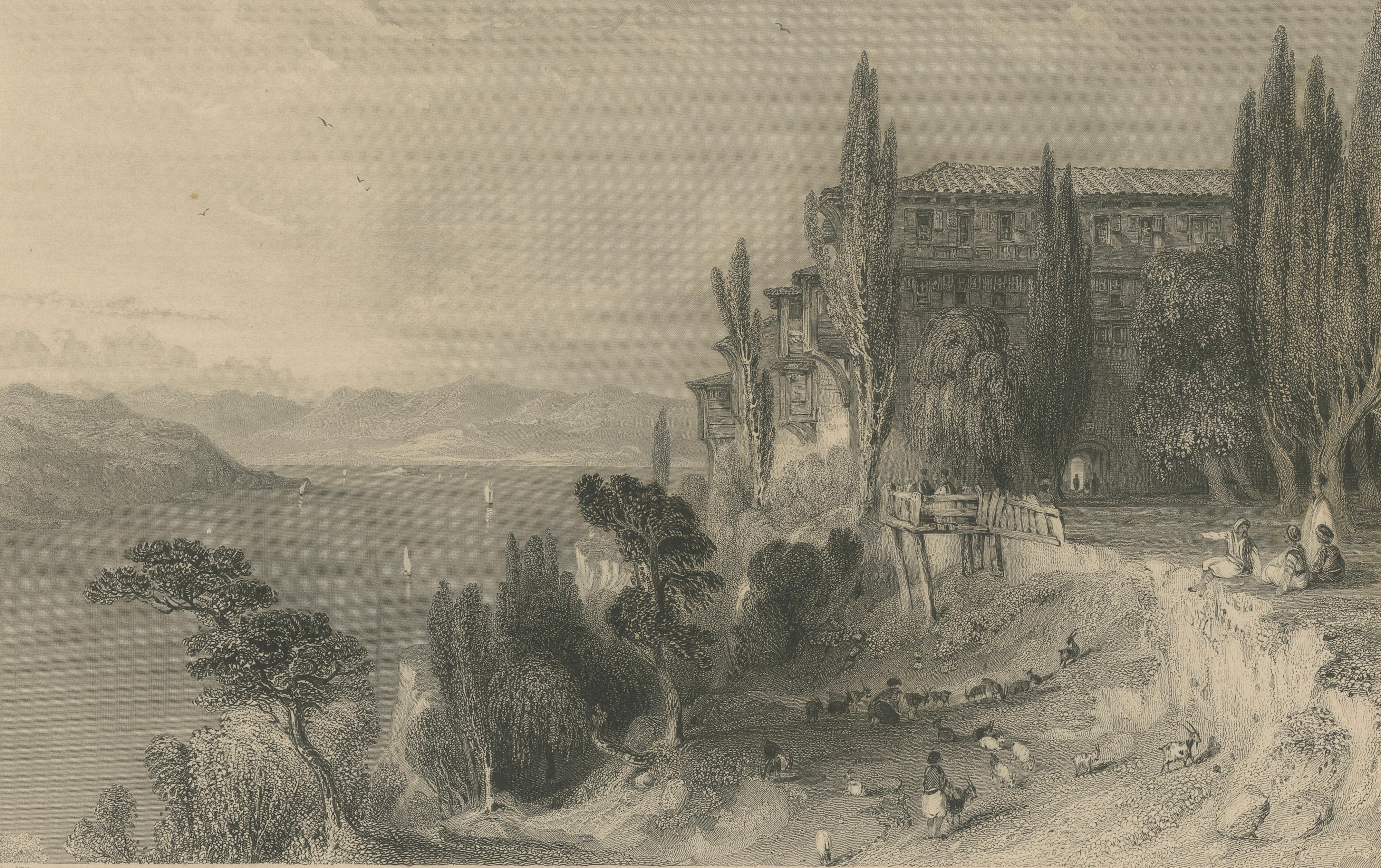 Antique Constantinople Print, Allom St George Monastery Princes Islands, ca.1838