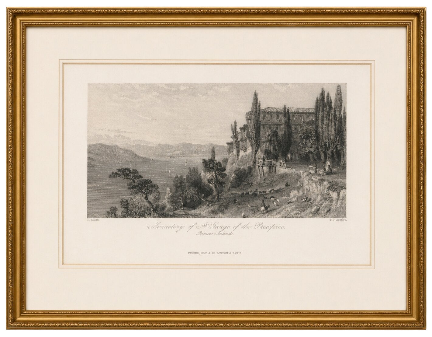 Antique Constantinople Print, Allom St George Monastery Princes Islands, ca.1838