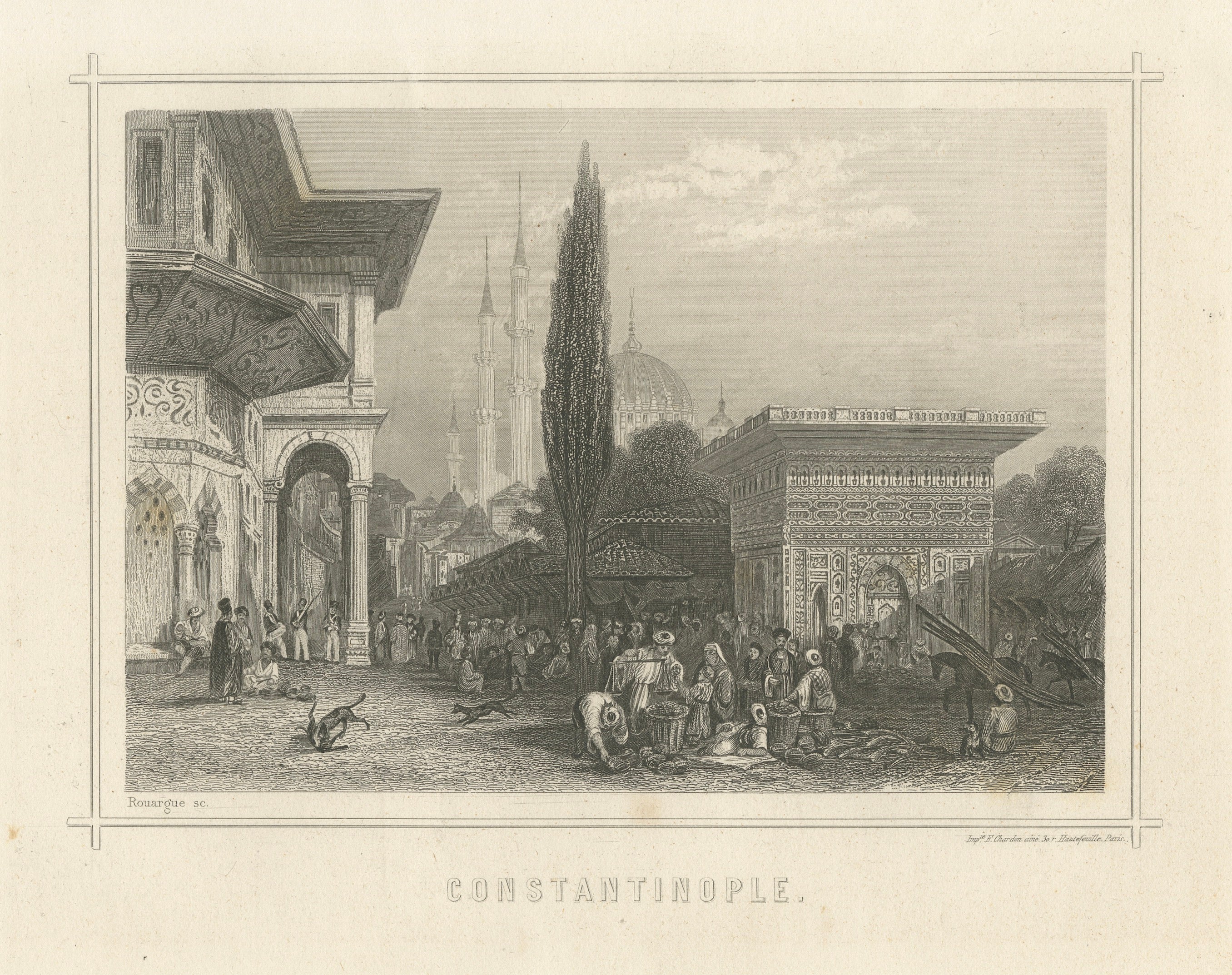 Antique Constantinople Street Scene Print, Ottoman Market Mosque View, c.1850