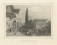 Antique Constantinople Street Scene Print, Ottoman Market Mosque View, c.1850
