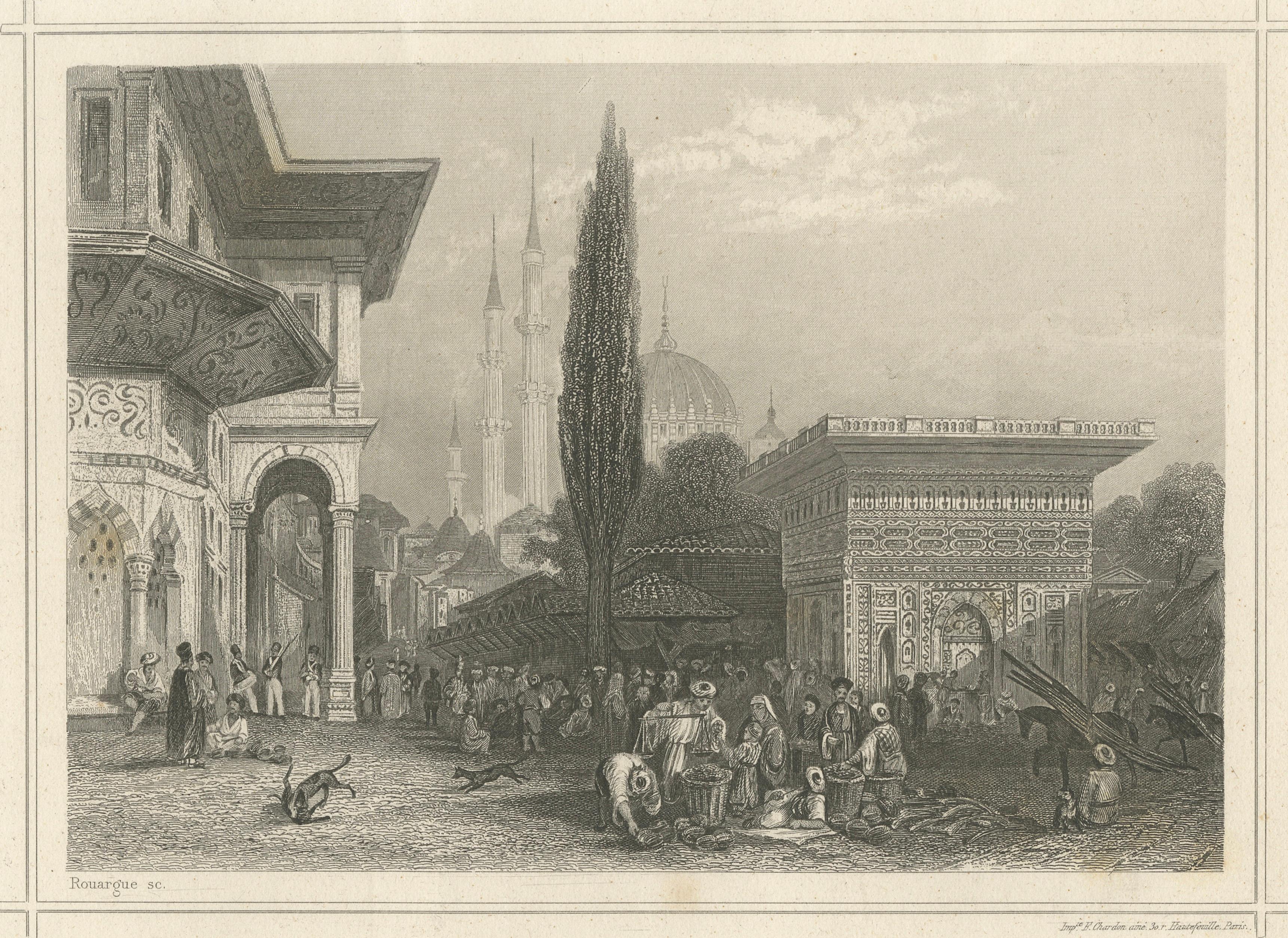 Antique Constantinople Street Scene Print, Ottoman Market Mosque View, c.1850