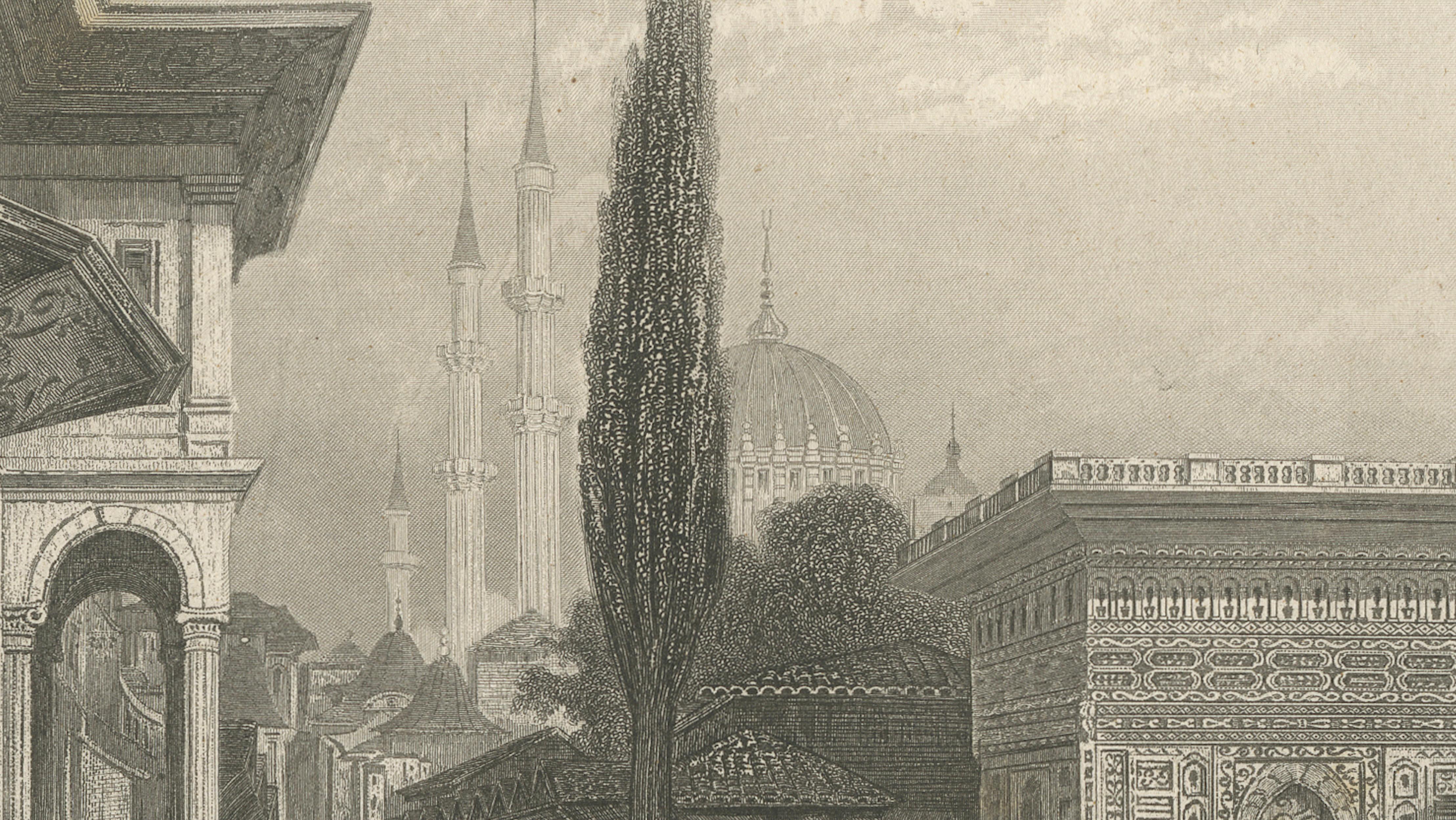 Antique Constantinople Street Scene Print, Ottoman Market Mosque View, c.1850