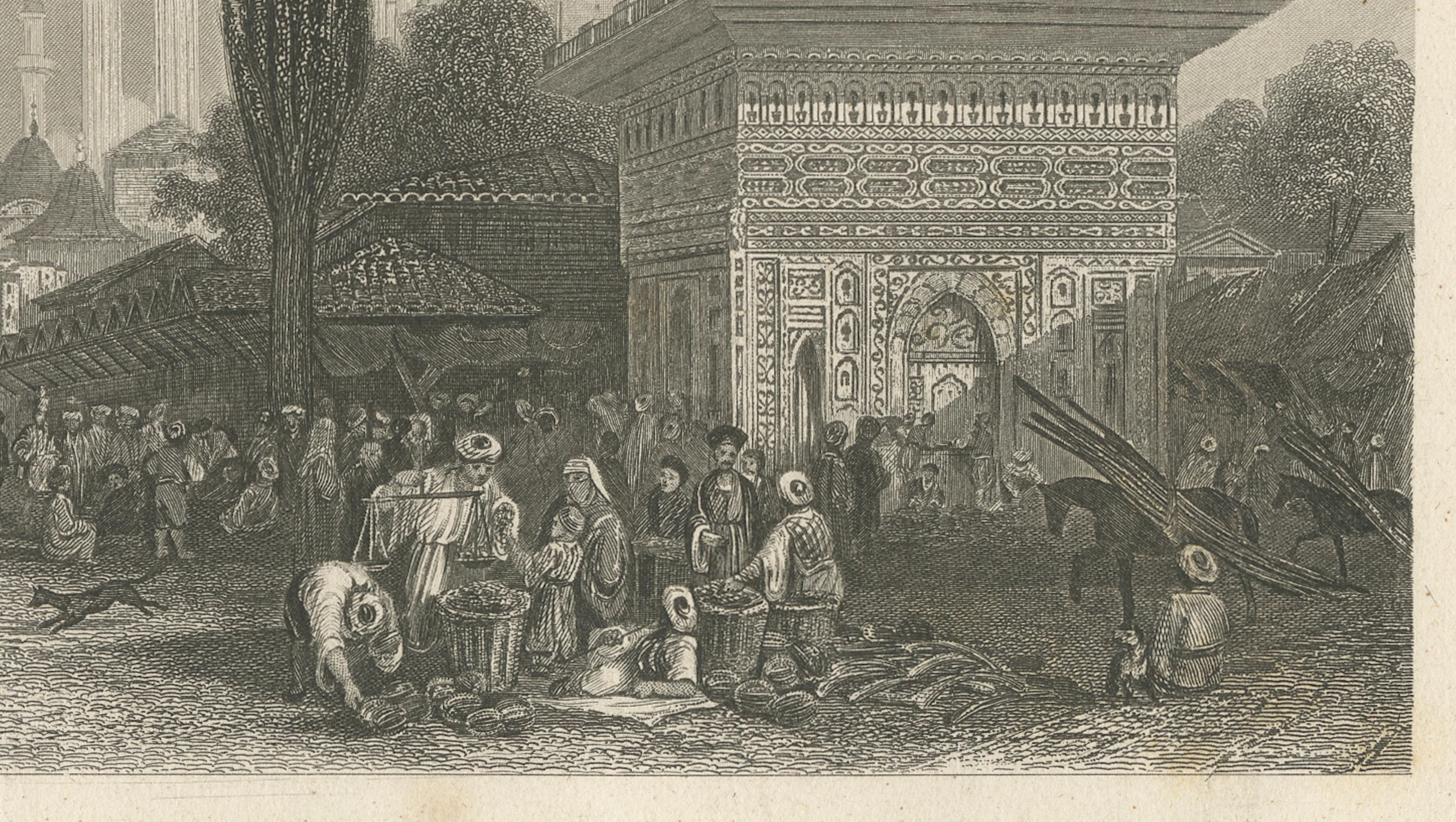 Antique Constantinople Street Scene Print, Ottoman Market Mosque View, c.1850